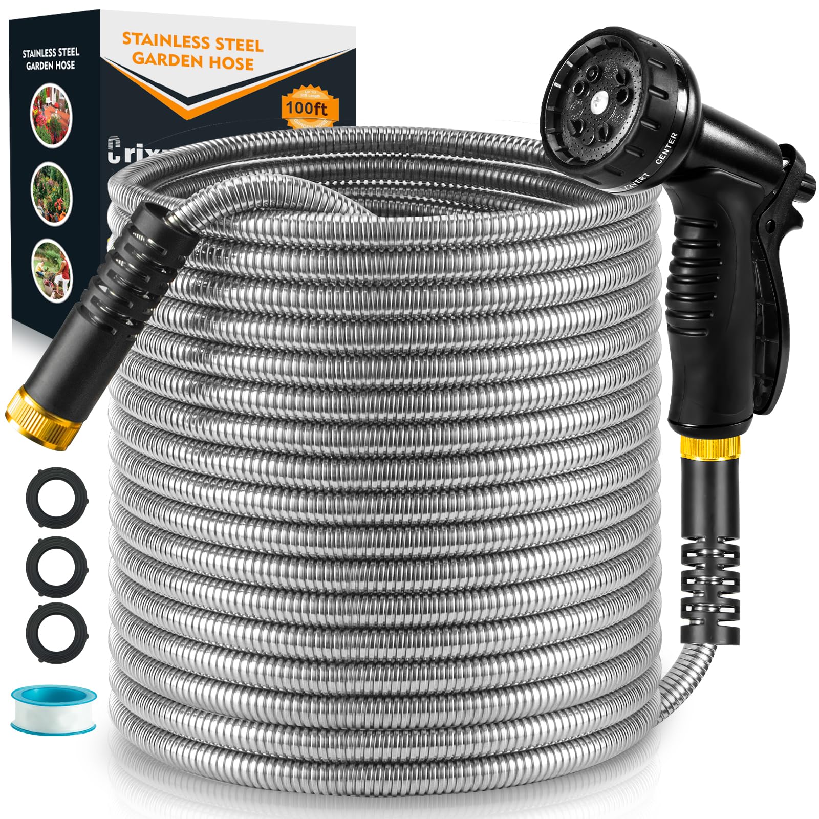 Photo 1 of 100ft Garden Hose, Heavy Duty Metal Water Hose 100 ft with 10 Function Nozzle, Flexible No-Kink, Pet-Proof & Puncture-Proof Stainless Steel Outdoor Hose for Yard