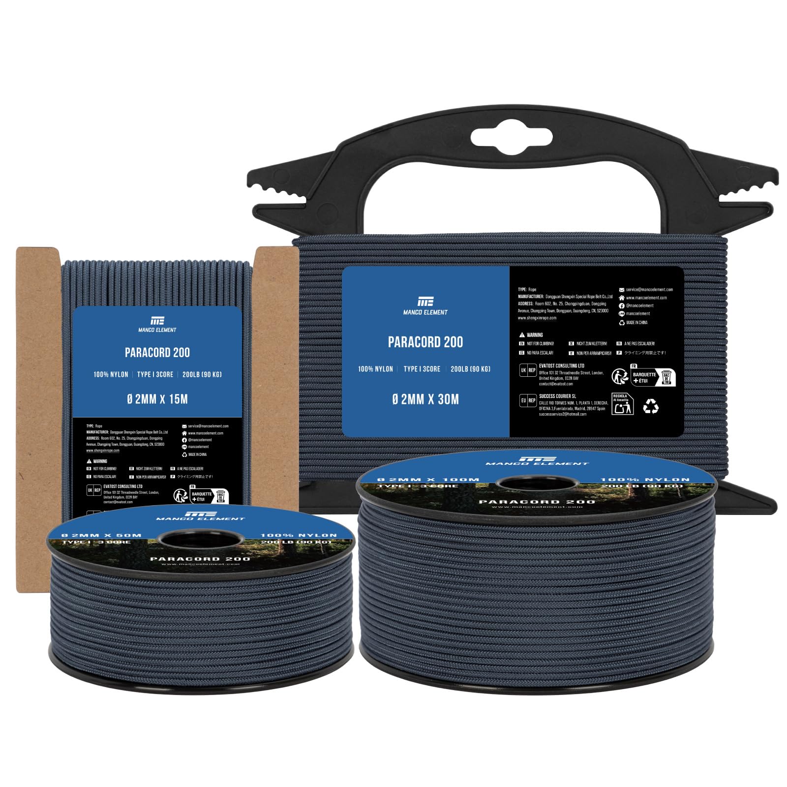 Manco Element Paracord 2mm 30m 3 Strands Type I Navy Blue | 100% Nylon Parachute Cord Rope | 90KG Load Capacity - Ideal for DIY, Crafting, Outdoor, Camping