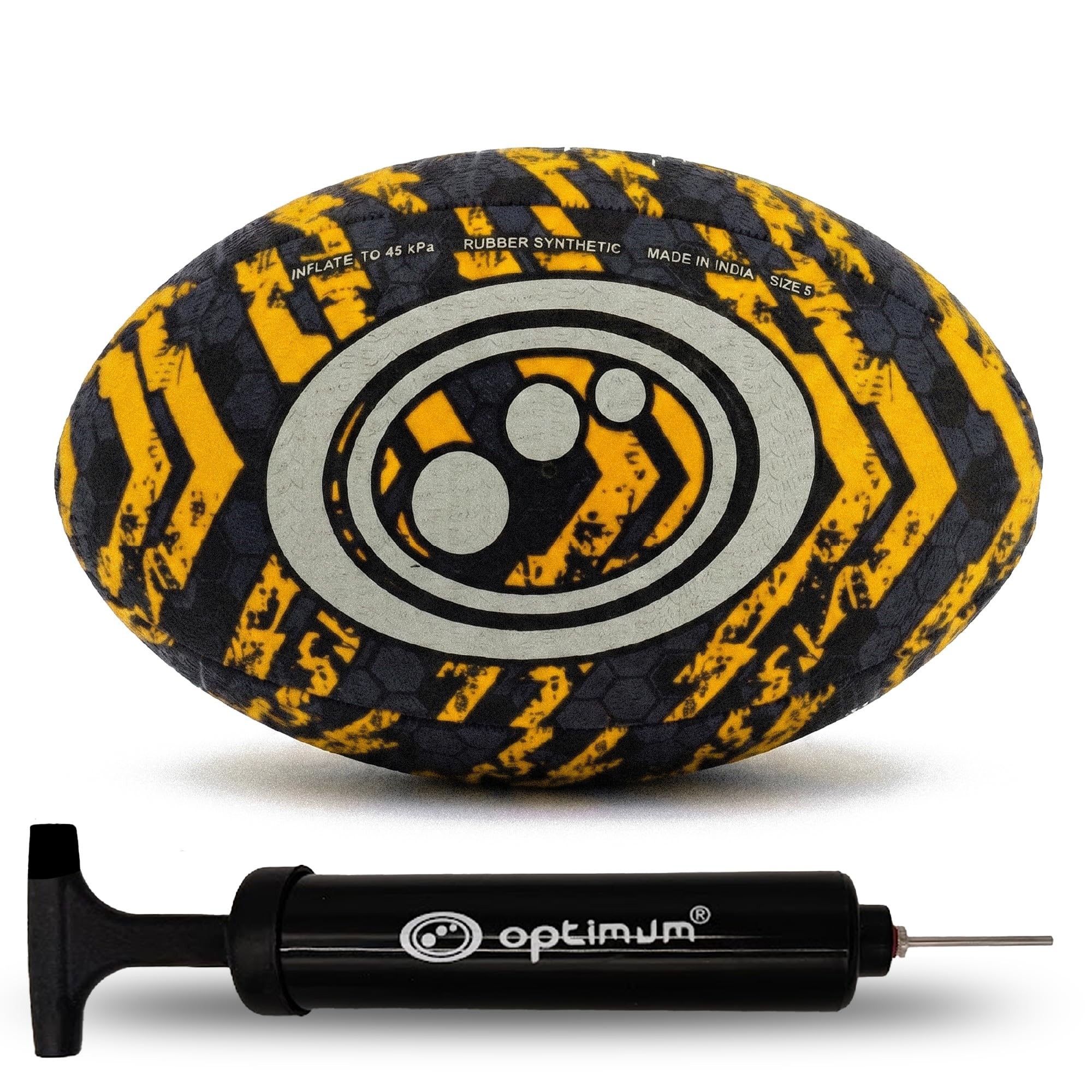 Optimum Street Rugby Ball & Ball Pump, Training Ball for Concrete & Park Sessions, Highly Visible for Night Games with Enhanced Grip Texture, Suitable for All Ages & Skill Levels - Yellow, Size 5 โ image 1