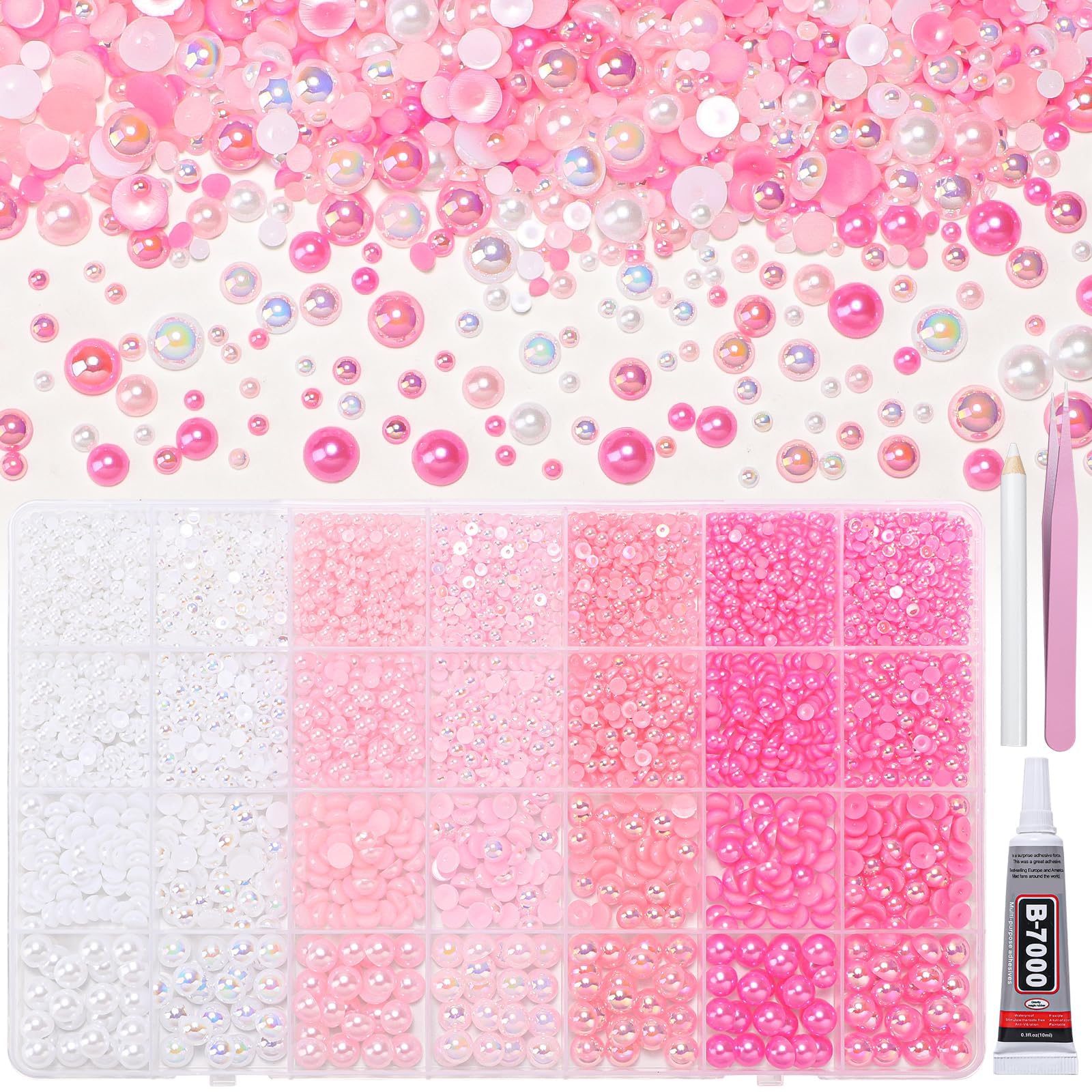 28 Types Flatback Pearls Kit, White Pink Pearls 3-8mm for Crafts