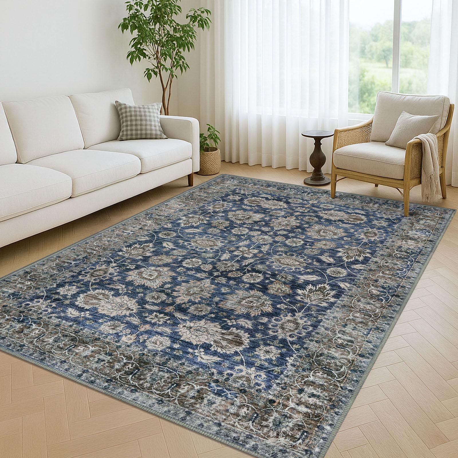 KOZYFLY Area Rug 6x9 Thin Rugs for Living Room, Washable Large Rugs Non-Slip Soft Rug for Bedroom, Printed Blue Floral Vintage Carpet for Laundry/Kid Room