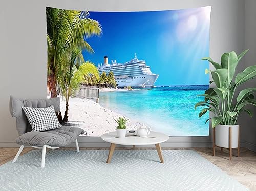 Miniatura 9 de Loccor Tapiz de crucero con diseño de palmera del mar caribeño, coral, playa, tapiz para colgar en la pared, isla tropical, sol, verano, vacaciones,