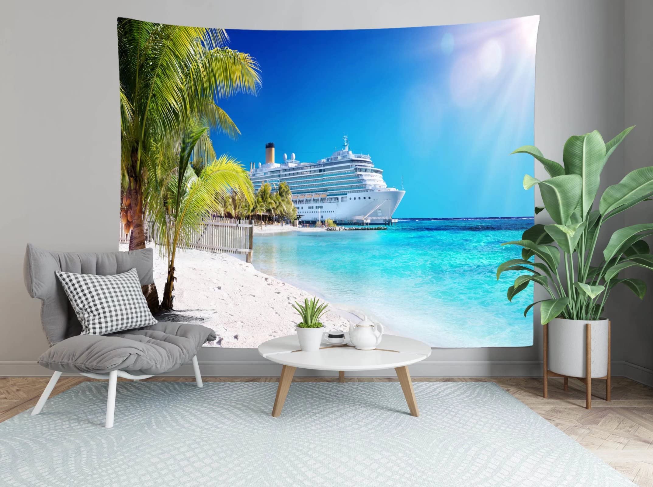 Loccor Tropikalna plaża gobelin zdjęcie tło rejs statek na plaży letnie wakacje Hawaje gobelin ścienny wiszący do sypialni salonu akademika fotografia budka fotograficzna Luau impreza dekoracje domu