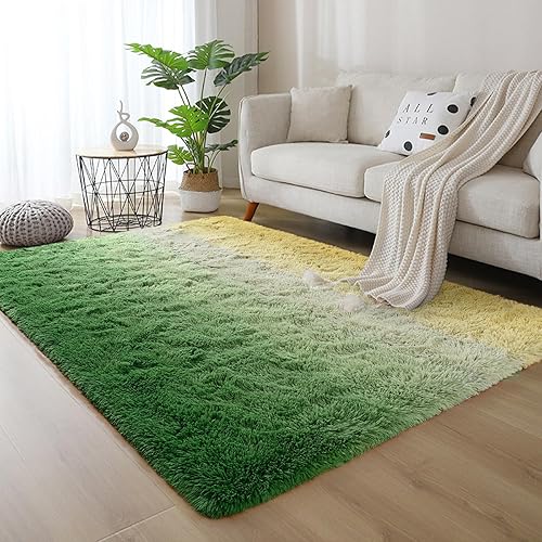 Miniatura 8 de DweIke Alfombras mullidas de lujo para niños para sala de estar, dormitorio, alfombra grande de 6 x 9 pies, alfombra de área verde y amarilla para