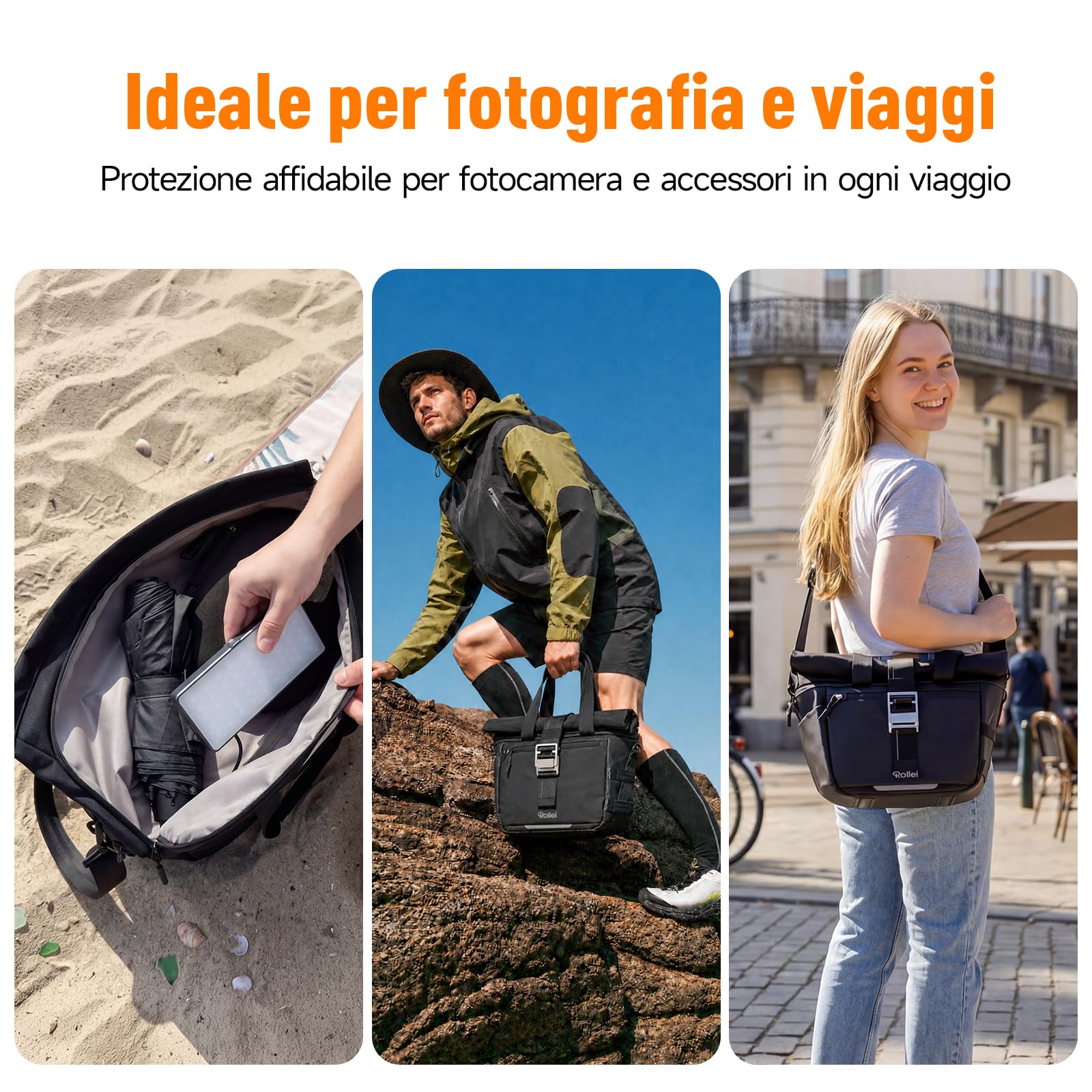 Borsa per Fotocamera, Rollei Fotoliner Ocean Rolltop Bag L Borsa Fotografica Impermeabile Zaino Fotografico Grande con Tracolla Regolabile Crossbody Borse per Macchina Fotografia DSLR e Accessori Nera