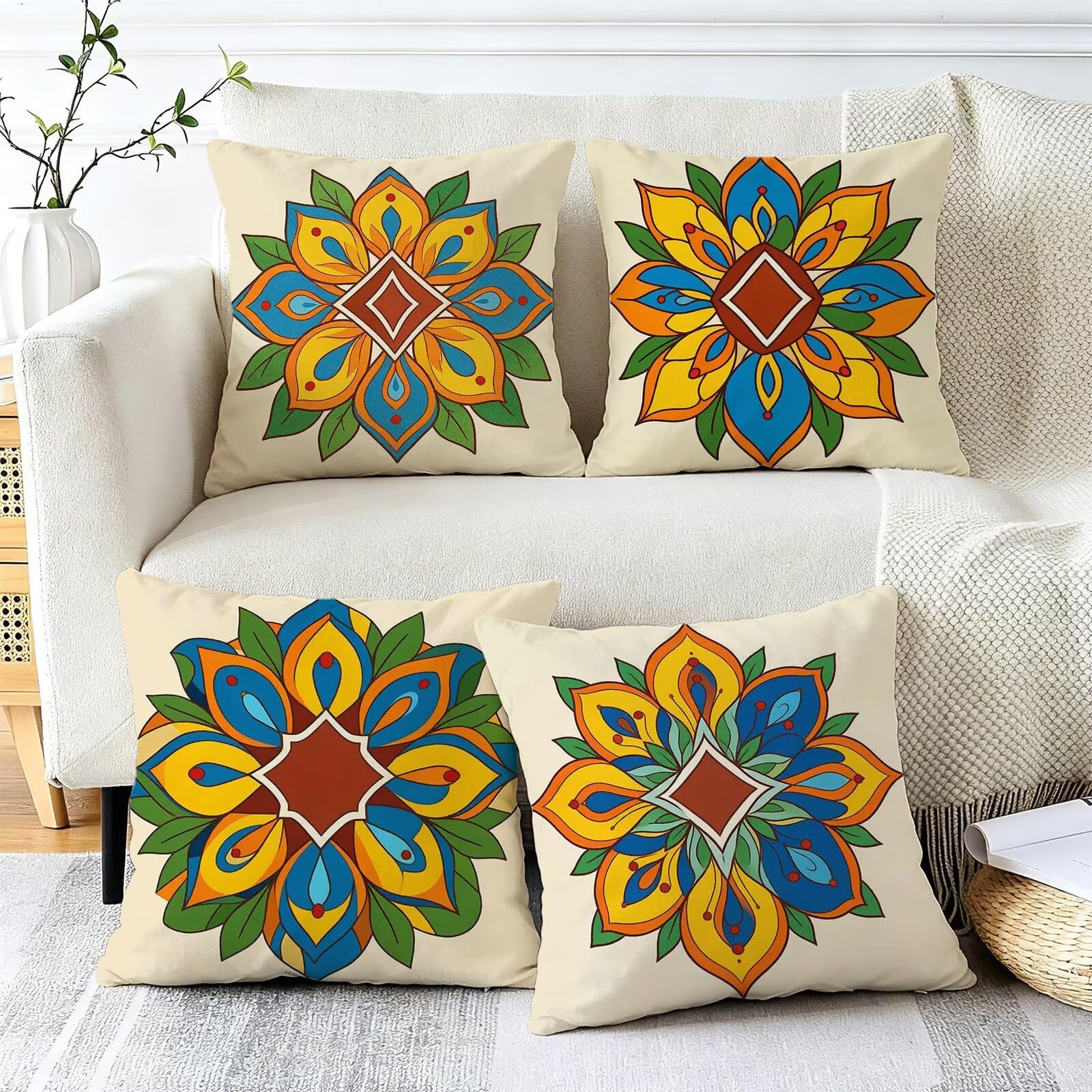 Giallo Federe Cuscini Divano 50x50cm, Cuscini da Esterno Set de 4, Cod-118 | Lin Copricuscini Decorativi Letto Arredo, per Letto, Soggiorno, Giardino, Esterno, Casa Decorazione Set di 4 Retro