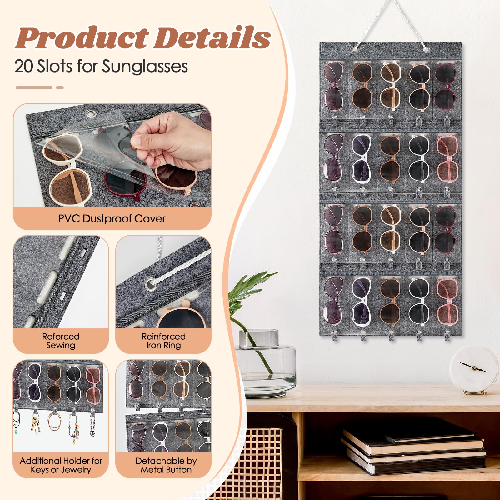 Organisateur Lunettes Suspendu Enbagold 16 Fentes - Transparent Anti-Poussière - Gris, 81x40 Cm