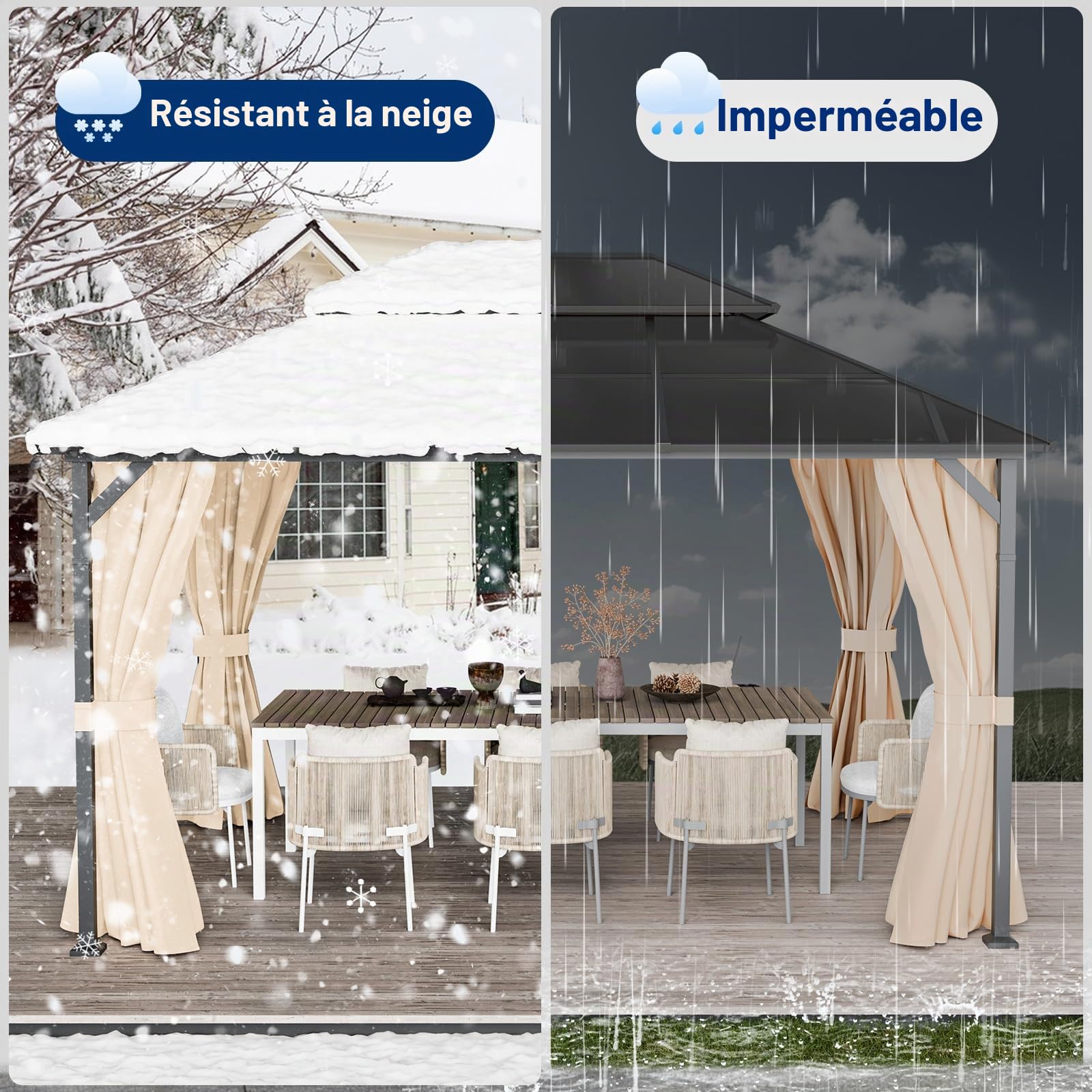 UDPATIO Double Toit Tonnelle de Jardin 3x4m Imperméable - UV Résistant avec Rideaux, Tonnelle Stabilisée pour Jardin, Terrasse (Beige)