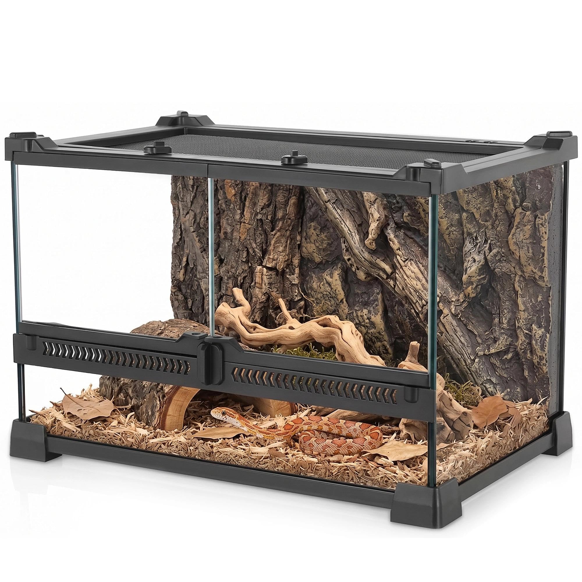 Terrario de vidrio profesional de 12 x 8 x 8 pulgadas, tanque de hábitat duradero para reptiles con marco de aleación de aluminio resistente al calor, puertas giratorias frontales dobles