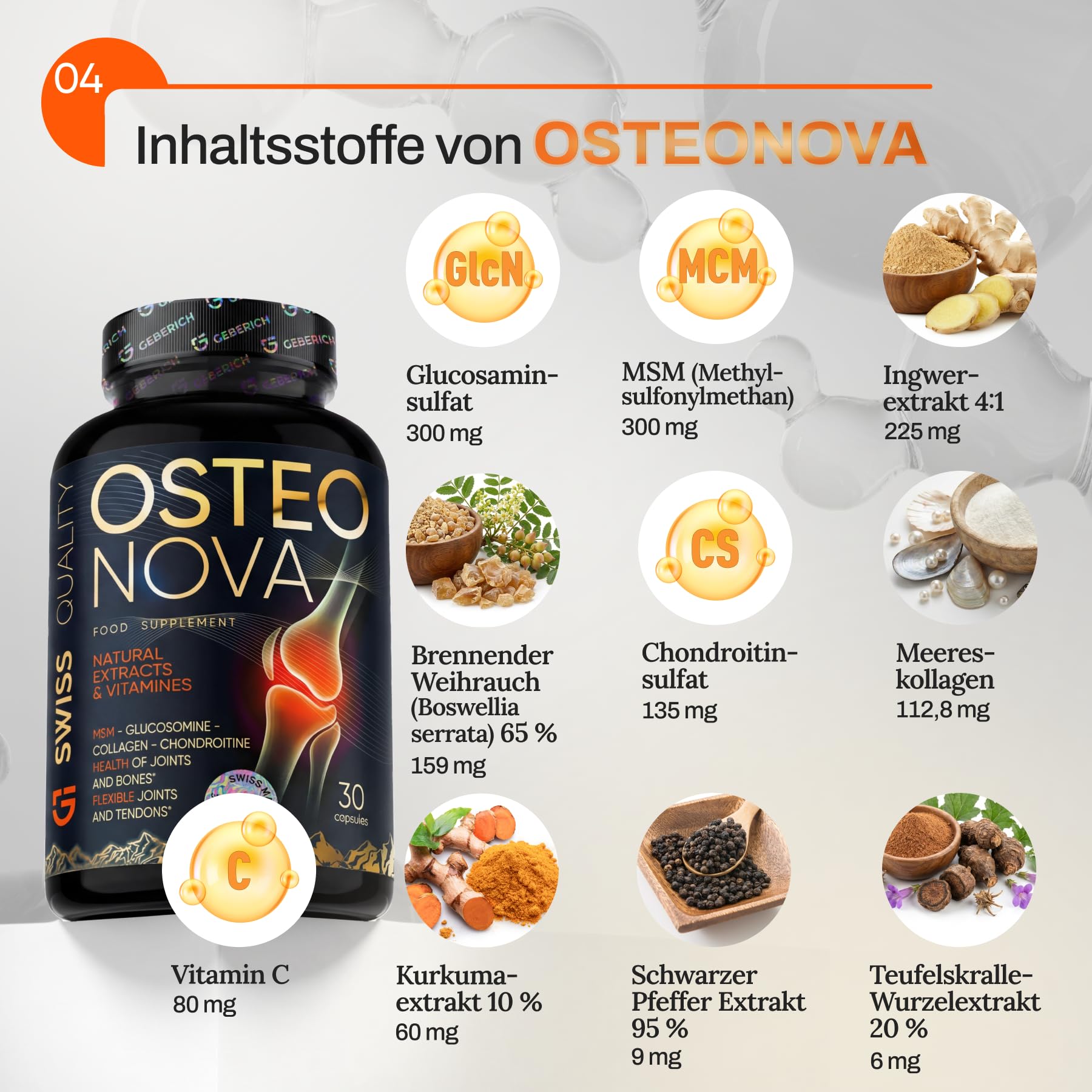Kapseln OSTEONOVA | Nahrungsergänzung für Gelenke und Beweglichkeit | Mit Glucosamin, MSM, Chondroitin, Vitamin C, Ingwer, Boswellia, Kurkuma und Teufelskralle | 30 Kapseln