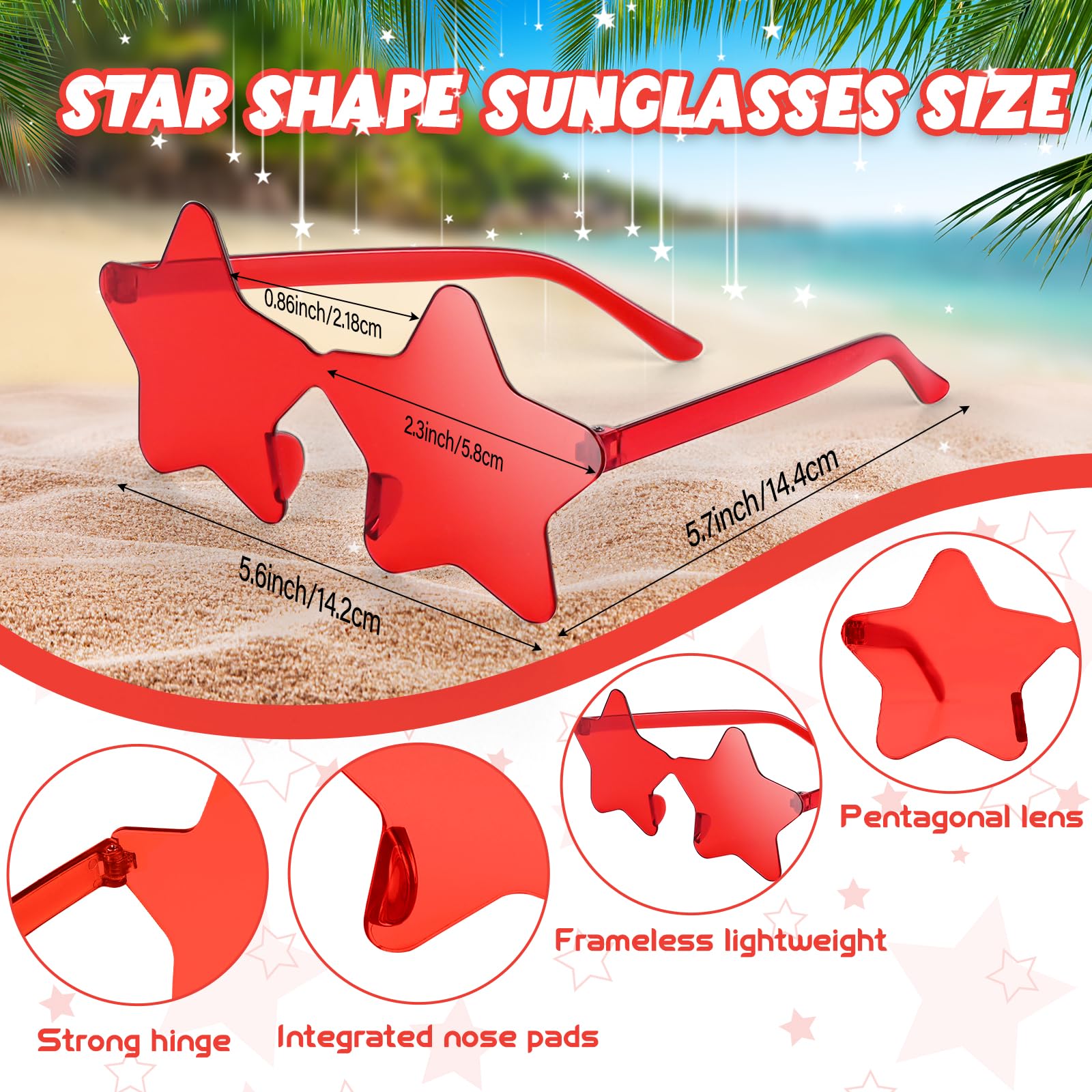 NACHLYNN Rimless Star Shaped Sunglasses Pentagram Glasses Transparent Sunglasses Valentine Day Party Favor (6, Red) - Image 2