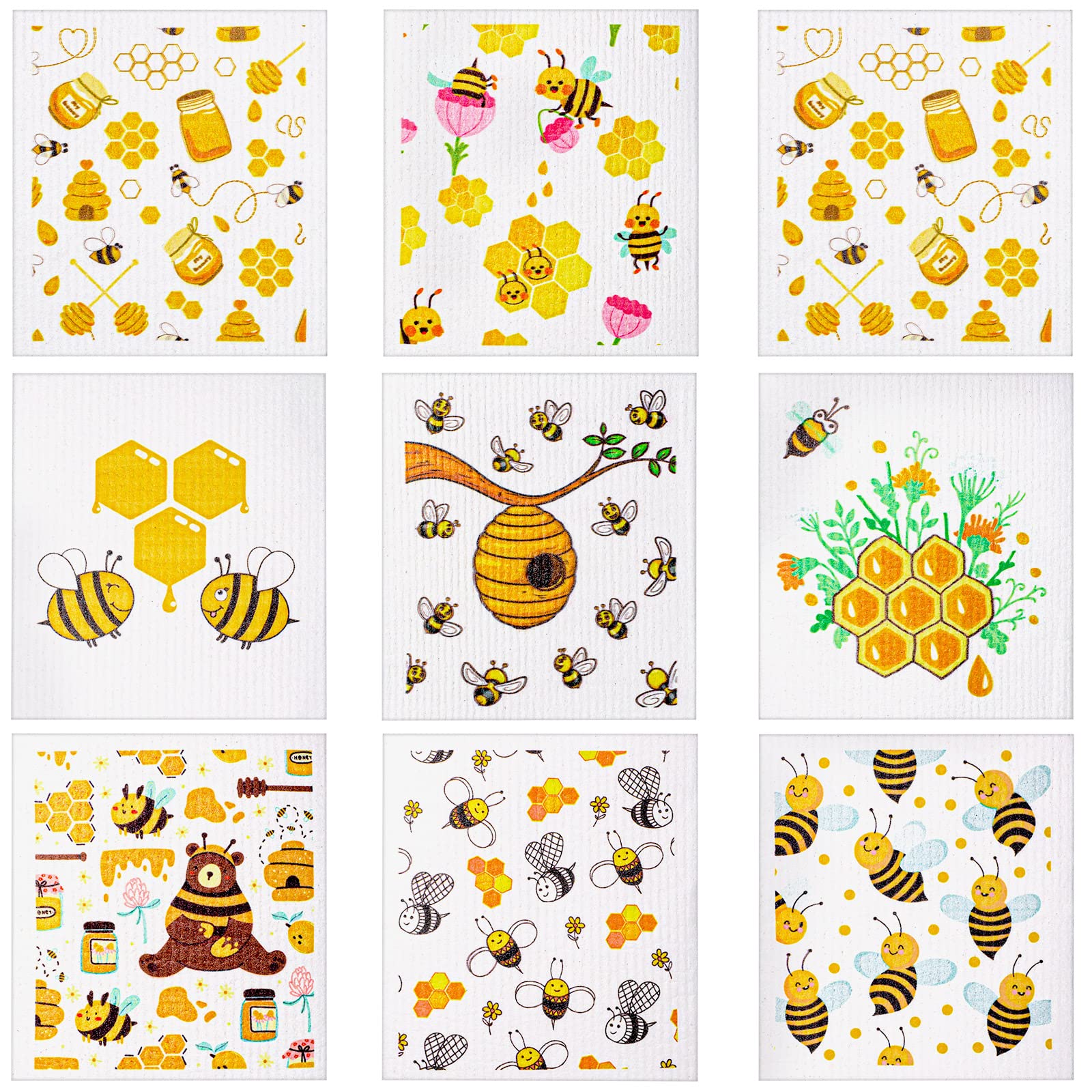 Newwiee9 Pcs Swedish Kitchen Dishcloths Swedish Dish Towel Kitchen Washcloths Reusable Absorbent Towels Cleaning Dish Cloths for Bar Hand Washing(Bee)