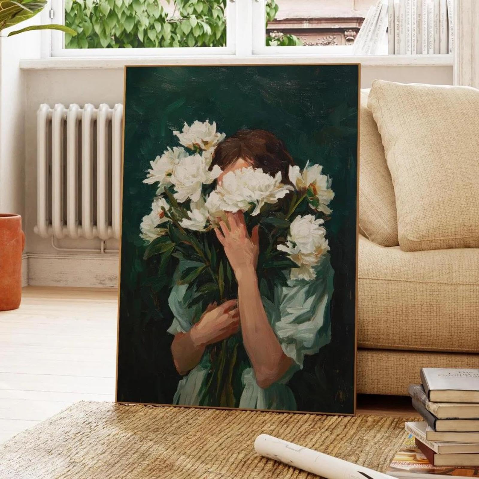 Baibexing Emerald Green Abstract Female Flower Oil Painting Poster Print Woman With Flowers Female Portrait Wall Art Picture 40X50Cm Unframed