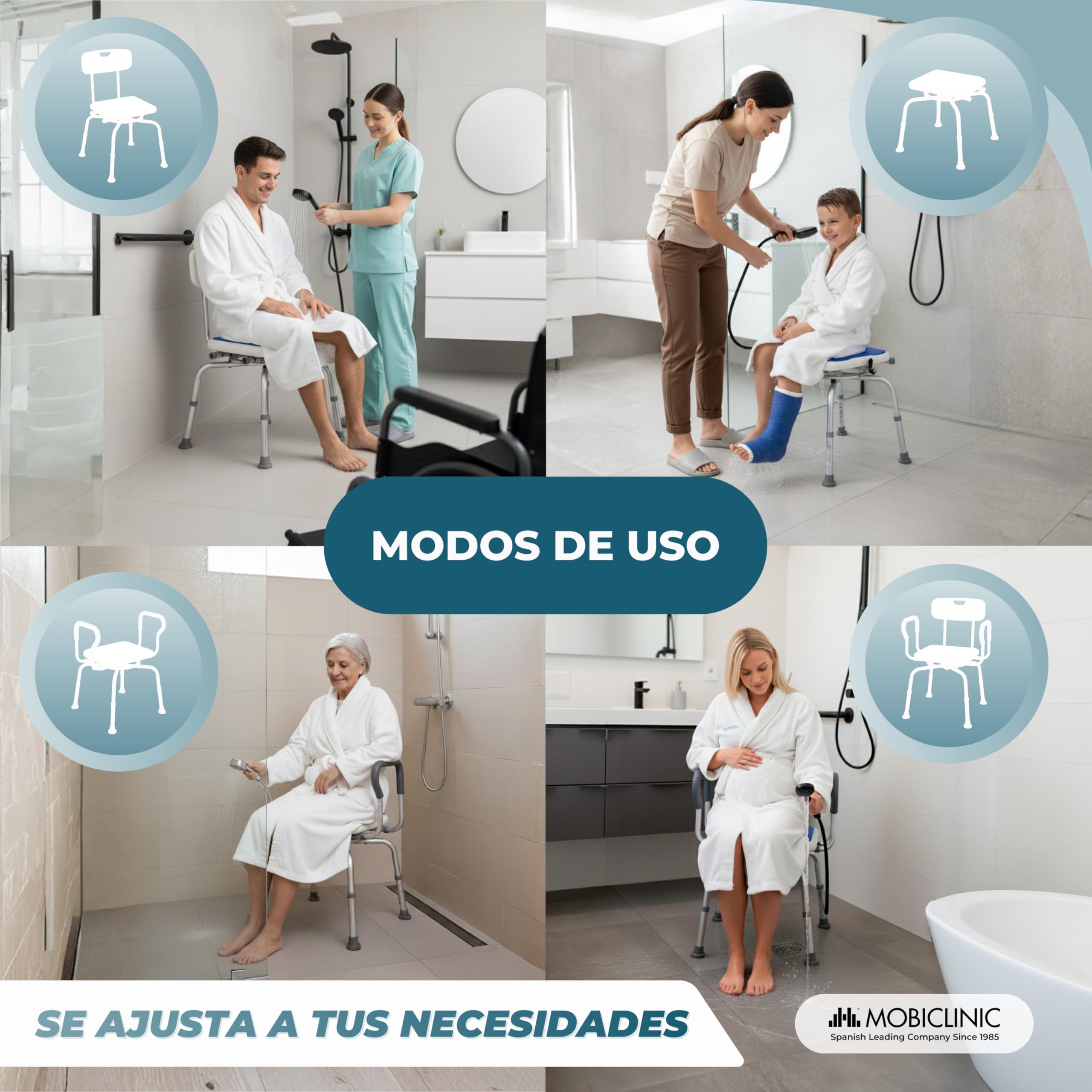 Mobiclinic®, Silla de Baño Giratoria 360°, Apoyabrazos y Respaldo, Altura Regulable, Asiento con Almohadilla EVA, Conteras Antideslizantes, Aluminio, para Mayores, Movilidad Reducida, Akila