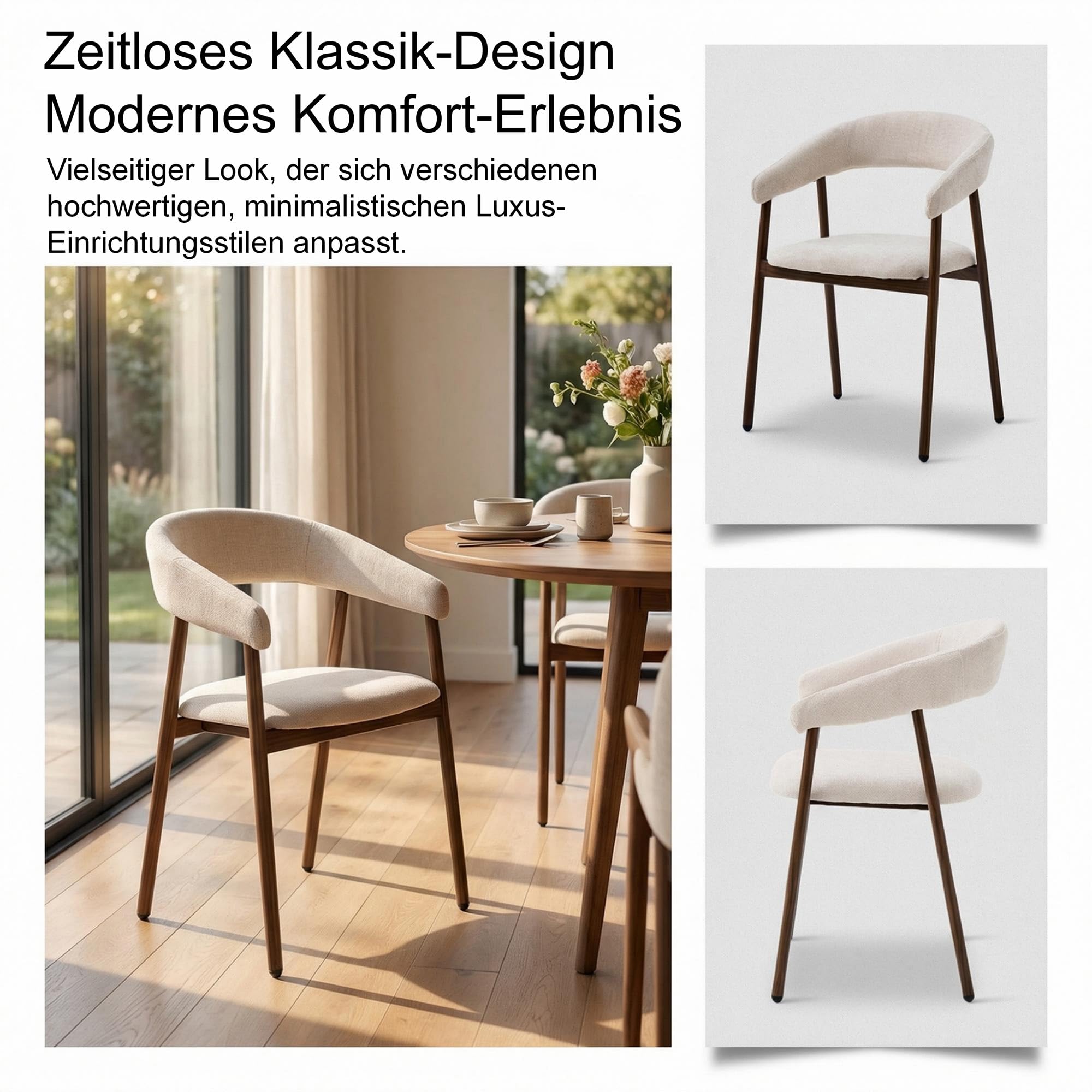 Mittelalter Esszimmerstühle, Beige, 4 Stück, Bogenlehne
