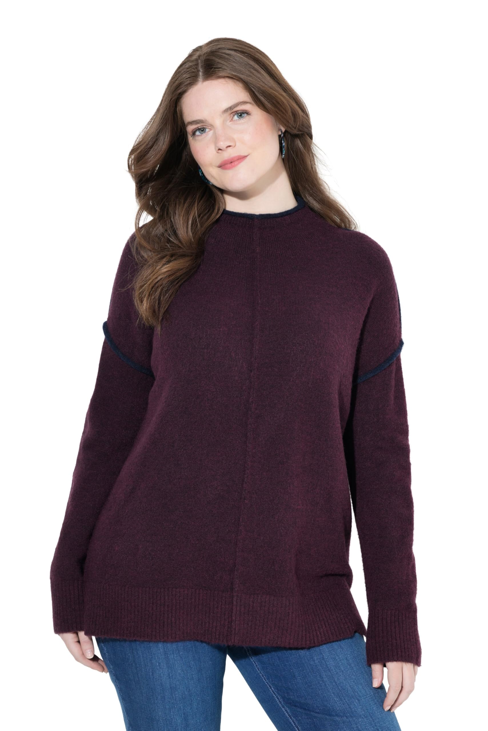 Ulla Popken Damen große Größen Übergrößen Plus Size Pullover, Kontraststreifen, Oversized, Stehkragen, Langarm 840948