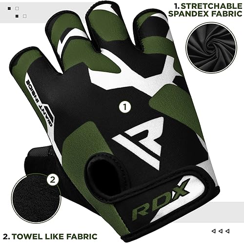 Miniatura 6 de RDX Guantes de levantamiento de pesas para gimnasio, entrenamiento de fitness, palma acolchada antideslizante, equipo de entrenamiento de fuerza