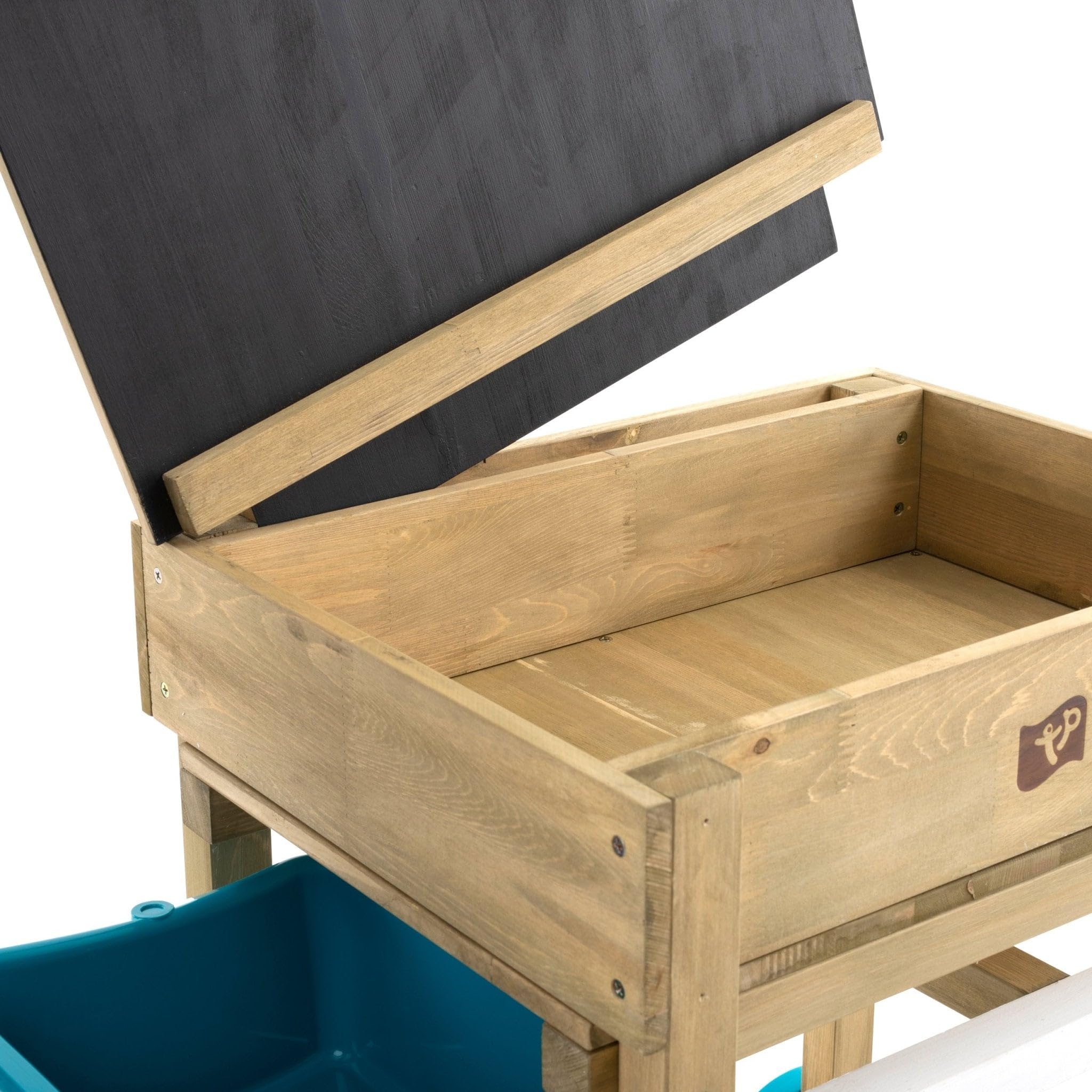 TP Toys Deluxe Sand- und Wassertisch, FSC-zertifiziertes Holz, inklusive Sandkasten, Wasserschale, schwarzer Tafel, Kunststoffhaken und Aufbewahrungsregal, verstaubar und verwandelt Sich in einen