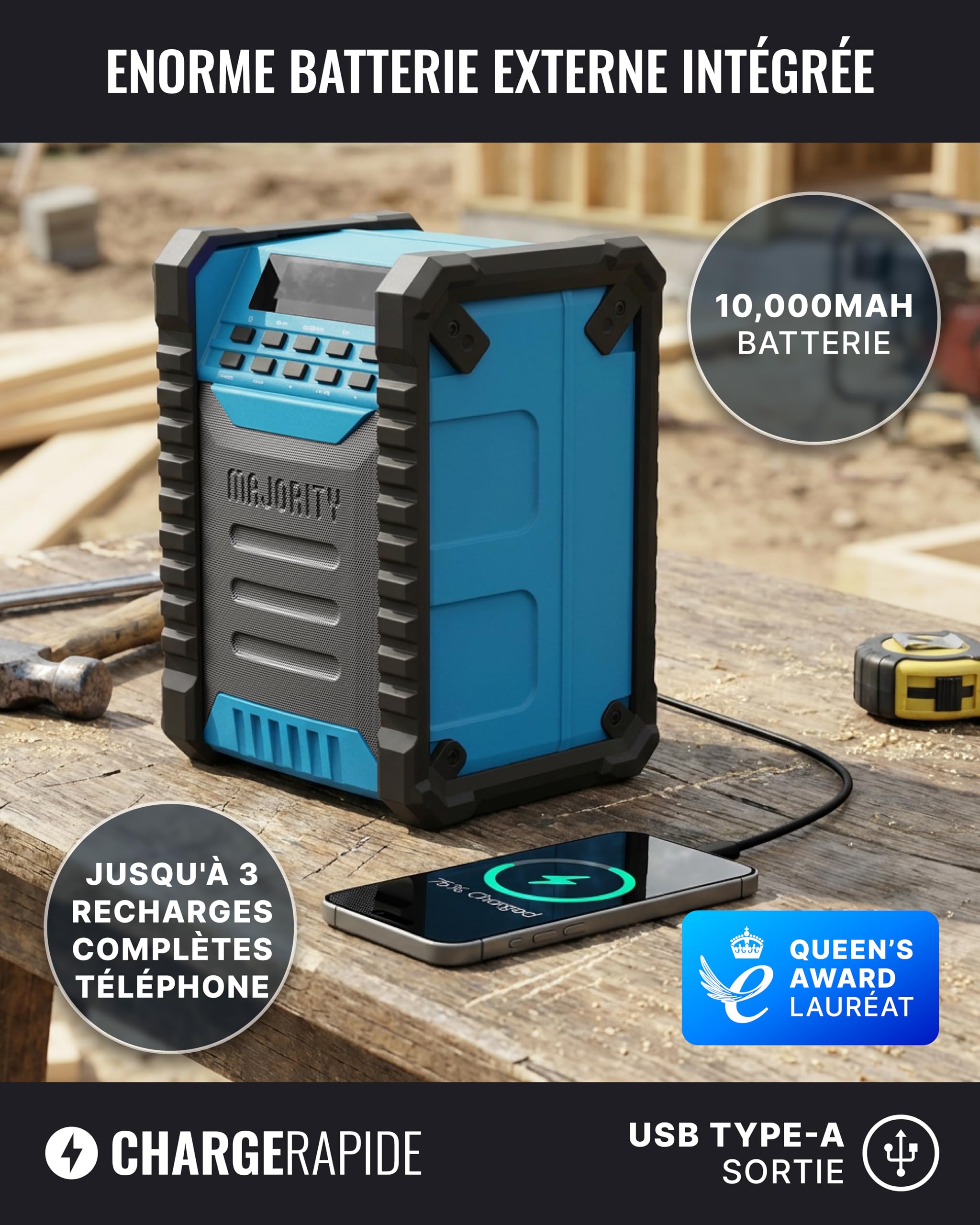 Radio Chantier Dab+ FM, Bluetooth & AUX, IP54 Enceinte Etanche, Antichoc | MAJORITY Landbeach Radio Plus Robuste et Antichoc | Batterie Rechargeable 28h USB-C & Power Bank | Écran LCD Rétroéclairé