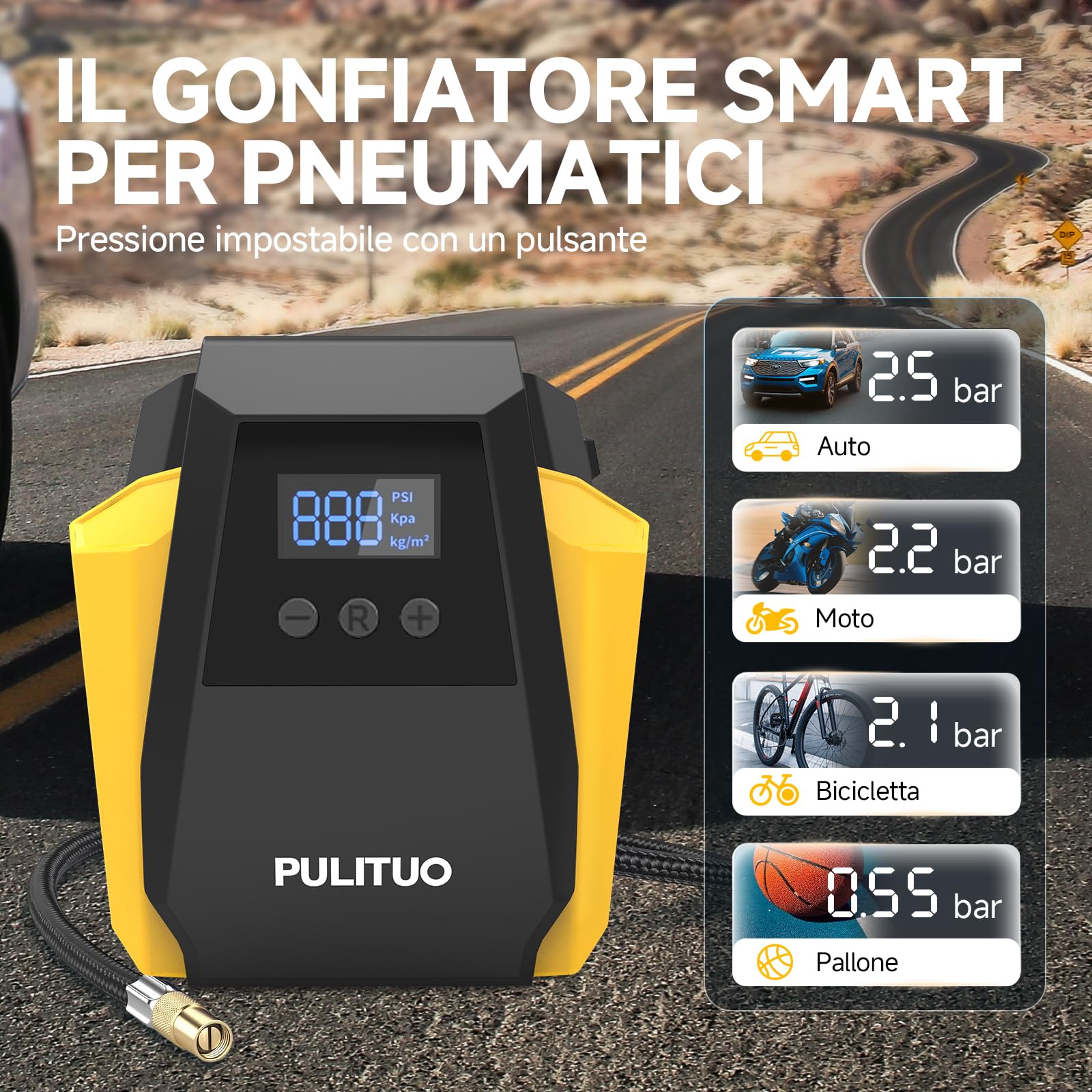 PULITUO Gonfiatore Pneumatici 12V DC - Compressore d'Aria Portatile 35L/min, 150 PSI / 10,3 Bar Pompa Auto con Arresto Automatico, Manometro Digitale e LED, Giallo