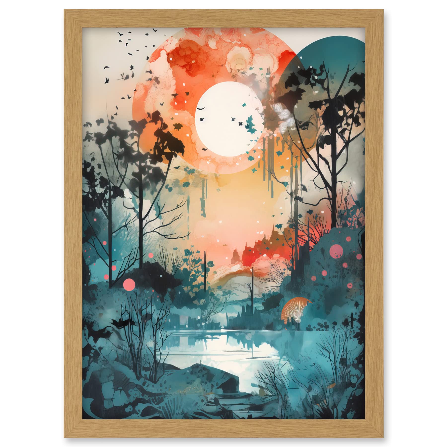 Artery8 Lakeside Forest Landscape Peaceful Sunrise Morning Modern Watercolour Painting Artwork Framed A3 Wall Art Print