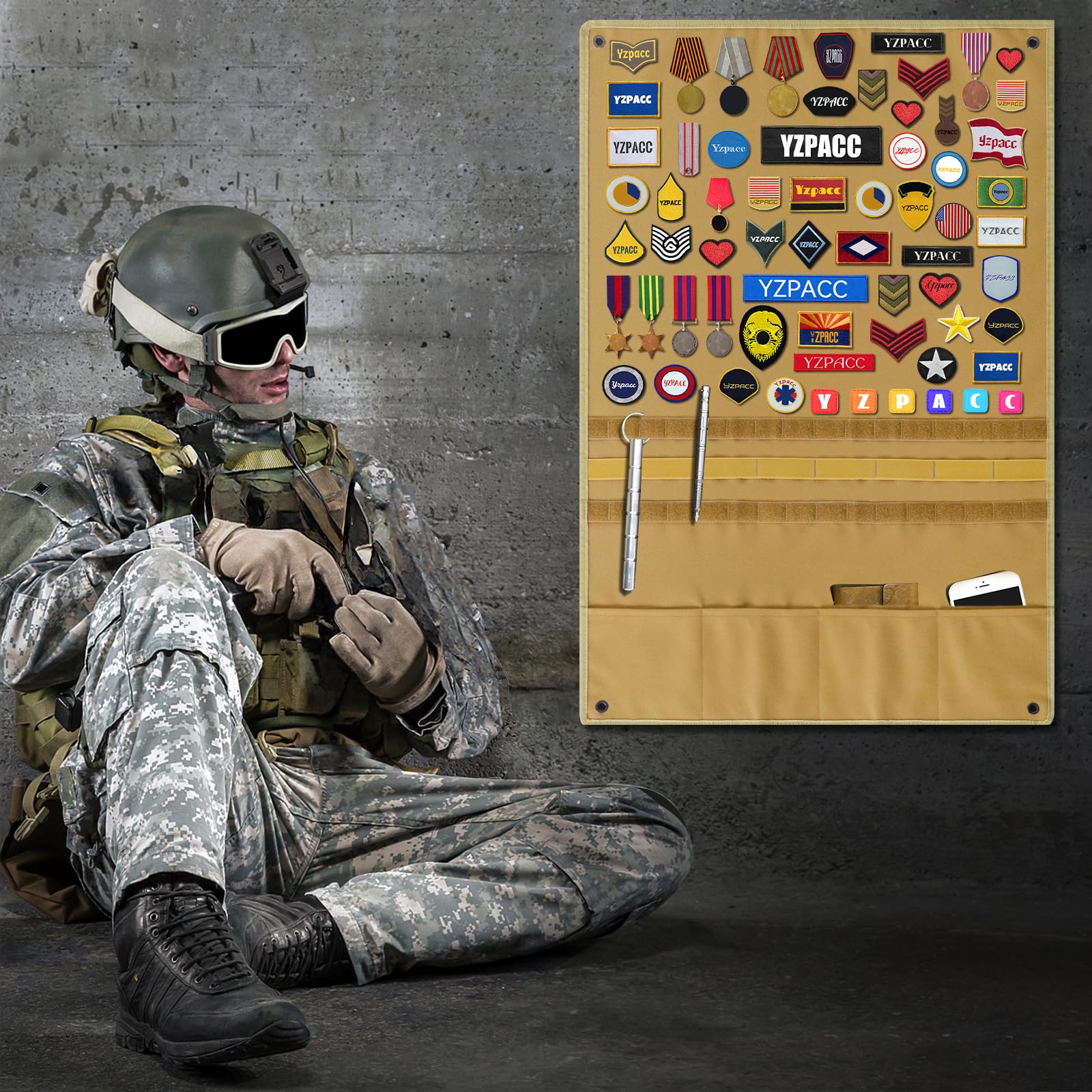 Tactical Patch Display Board, Pannello pieghevole con superficie ad anelli per appendere patch militari di combattimento per l'esercito