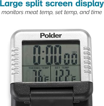 Polder Classic Digital Thermometer and Timer, Meat Thermometer for Cooking, Stainless Steel Probe, 24-Hour Countdown Timer with 40 Long, High-Heat Silicone Cord
