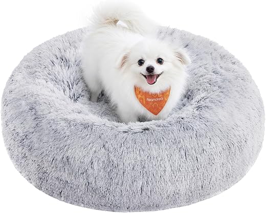 Feandrea Fluffy Dog Bed, Cat Bed, Doughnut Cushion, Washable, Removable Padding in the Centre, Long Plush, 60 cm Diameter, Ombre Grey PGW038G01