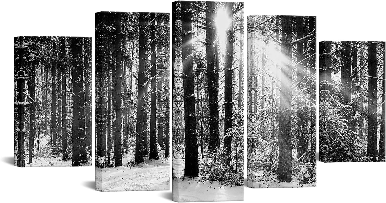 Nachic Wall 5 Piece Picture Wall Art Large Black and White Forest Sunset Canvas Art Nature Winter Tree Landscape Painting for Living Room Office Decoration with Inner Wood Frame Ready to Hang
