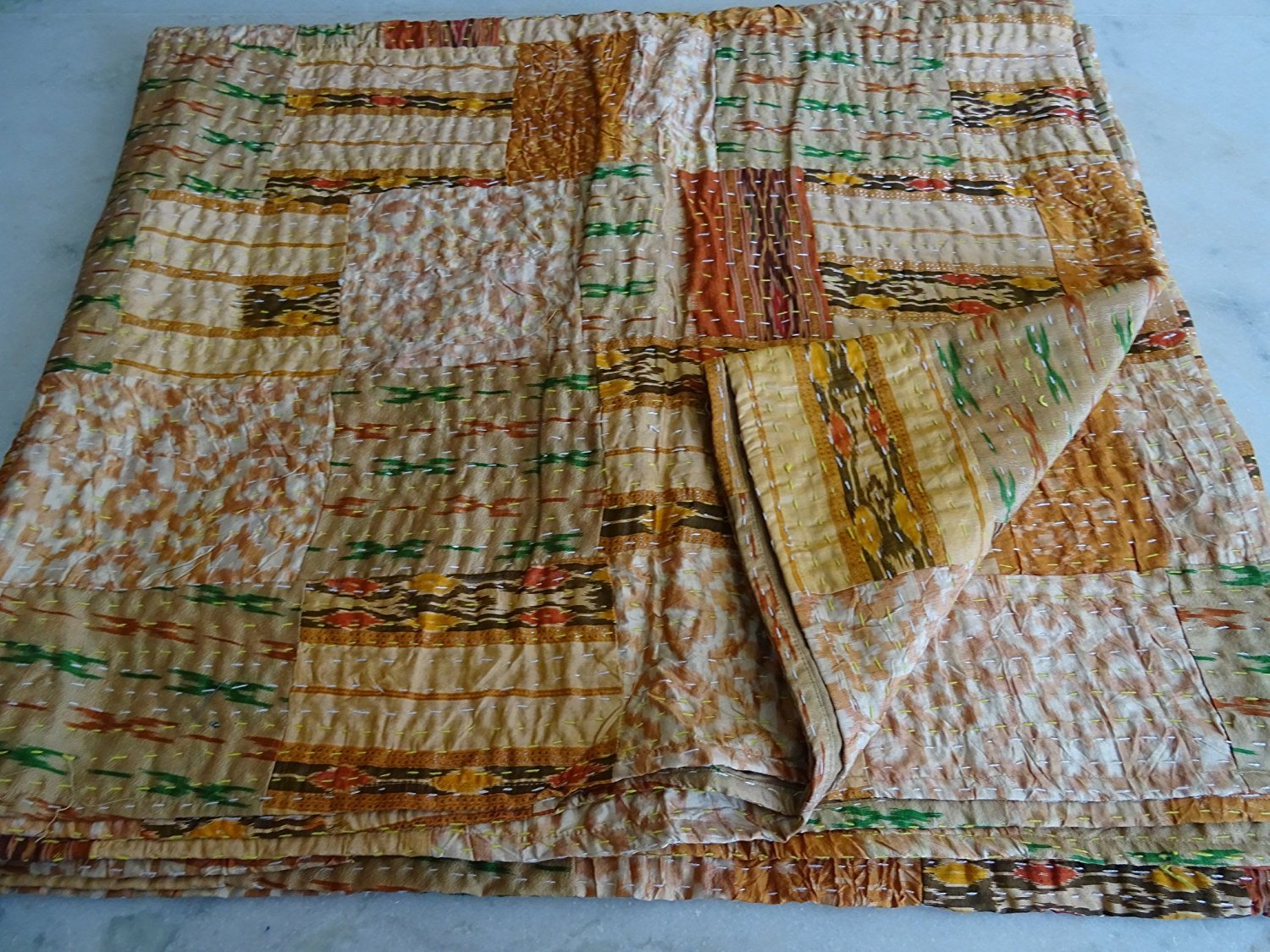 Sophia Art Indian Quilt -Vintage Old Patola Indian Silk Sari Kantha Quilted Patchwork Bedspread Bohemian Kantha Throws Silk Patola Quilt, Bed Cover,Size 90