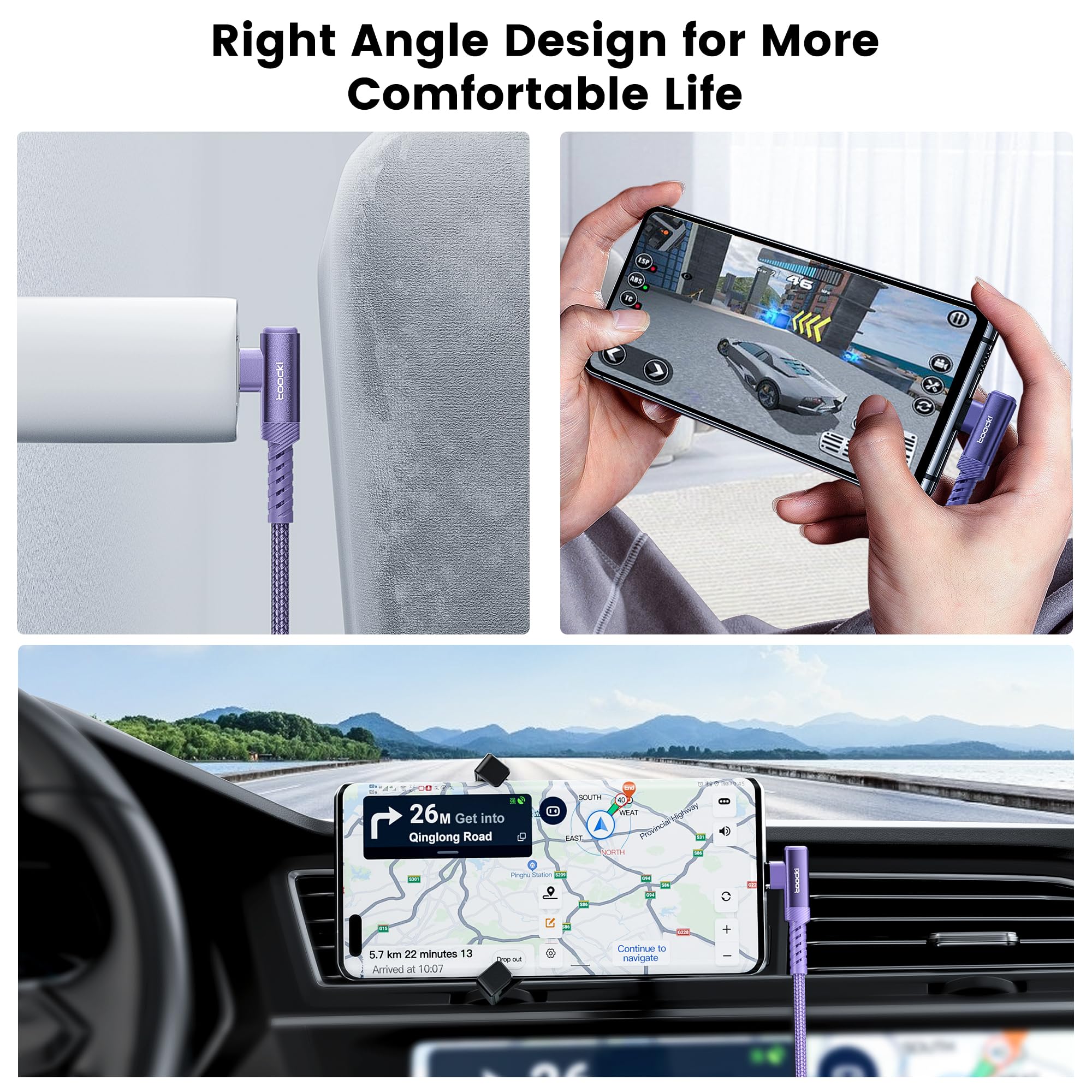 Cavo di ricarica da USB C a USB C, 60 W, cavo di ricarica ad angolo retto da USB C a USBC per iPhone15 Pro Max/Plus/MacBook Air/Samsung S23 Ultra /S22 Note 20 (viola, 3 m + 3 m)