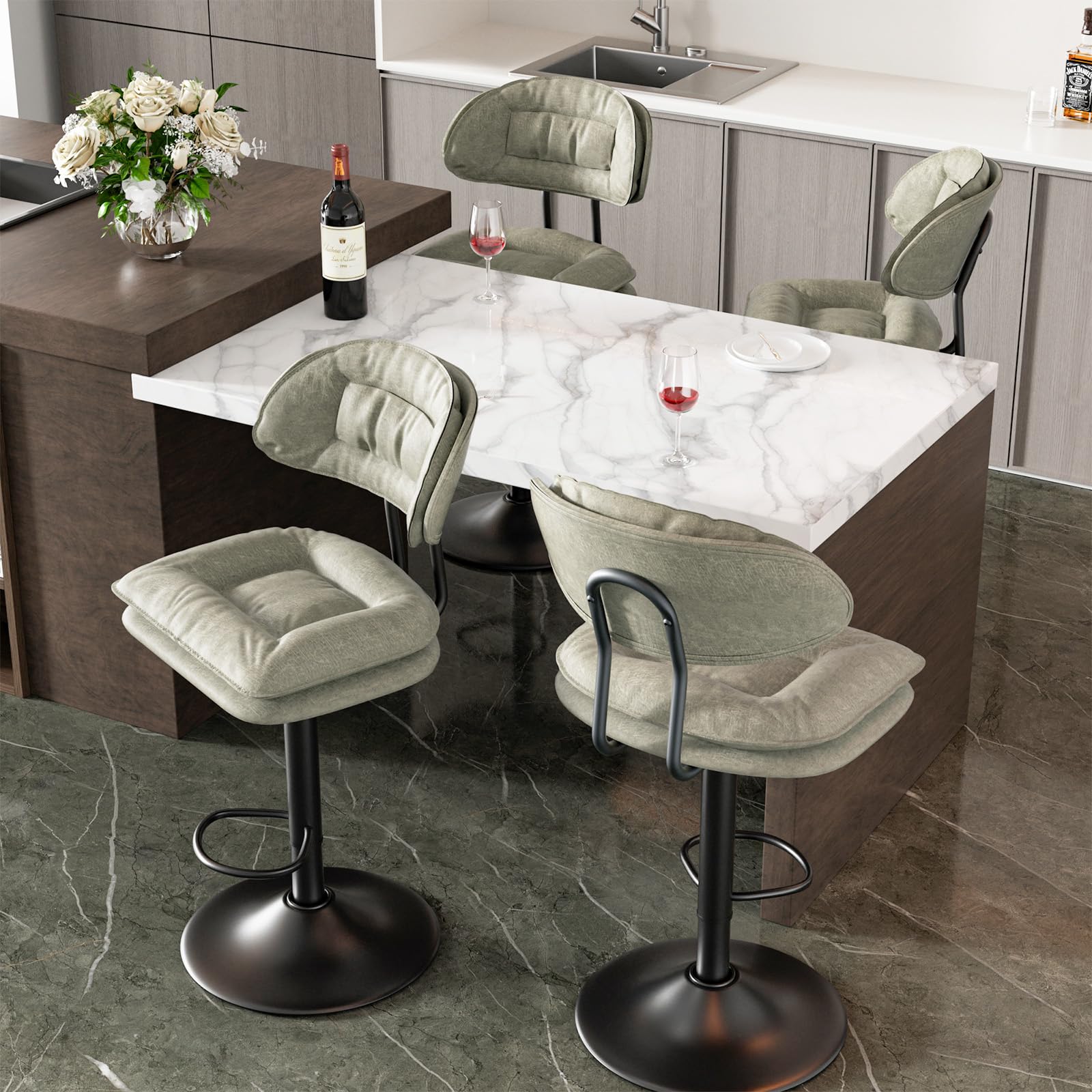 Hawthyhome Juego de 4 taburetes de Bar, taburetes ergonómicos Acolchados con Respaldo, taburetes de Bar Ajustables de Doble Capa, para Comedor, Bar en casa o Isla de Cocina,Color Beige
