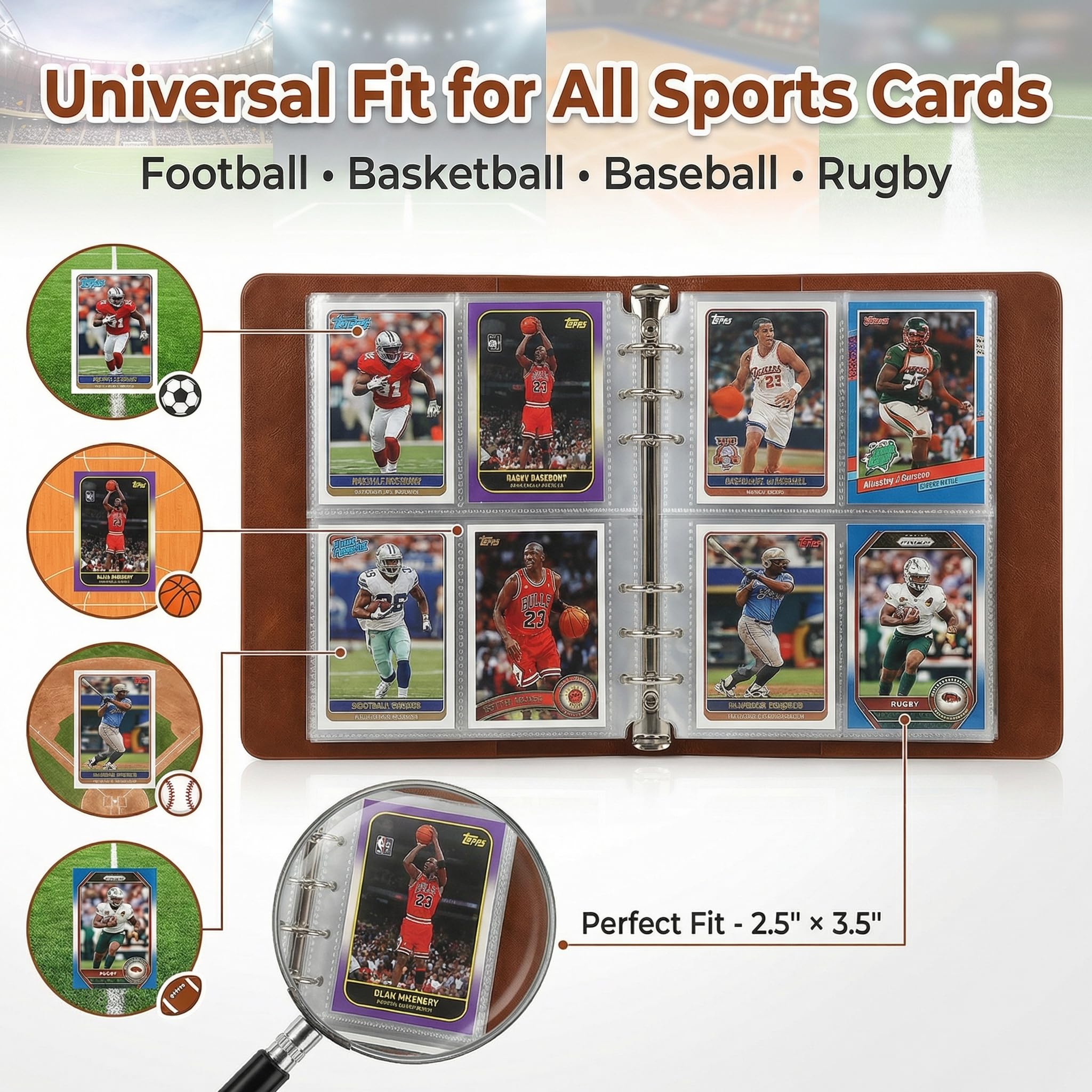 Carpeta de cuero para tarjetas deportivas con 600 bolsillos, 4 bolsillos de doble cara con 75 fundas, carpeta de colección de tarjetas recargables de 6 anillos para tarjetas de béisbol