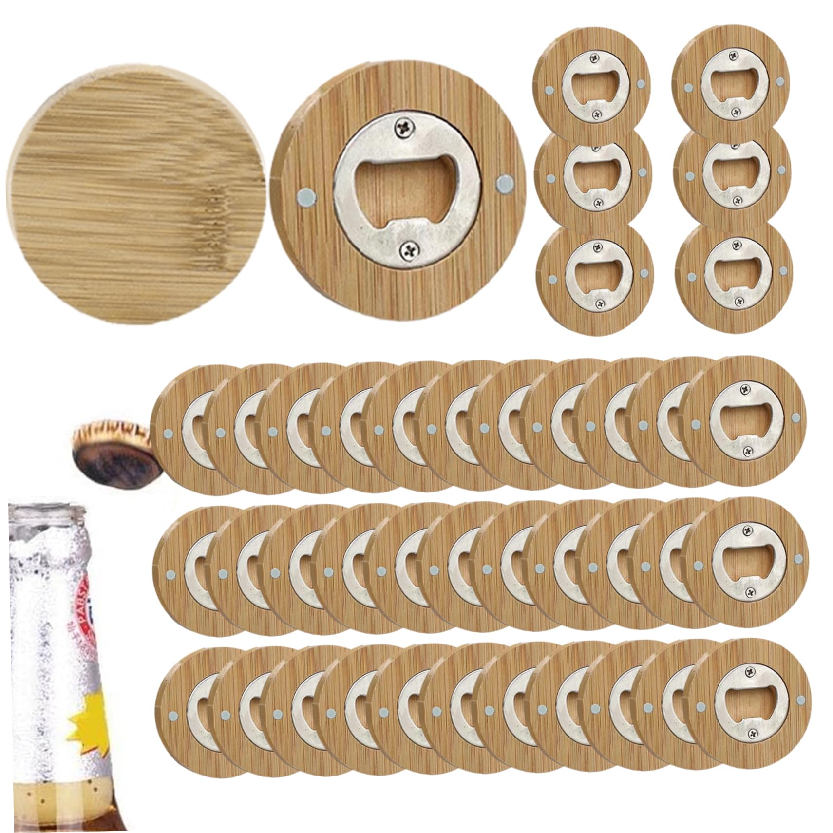 Abrebotellas magnético para nevera, 40 piezas, abridor de botellas redondo de madera, imán, herramienta de apertura de cerveza que ahorra espacio para bar, club, hogar, magnético