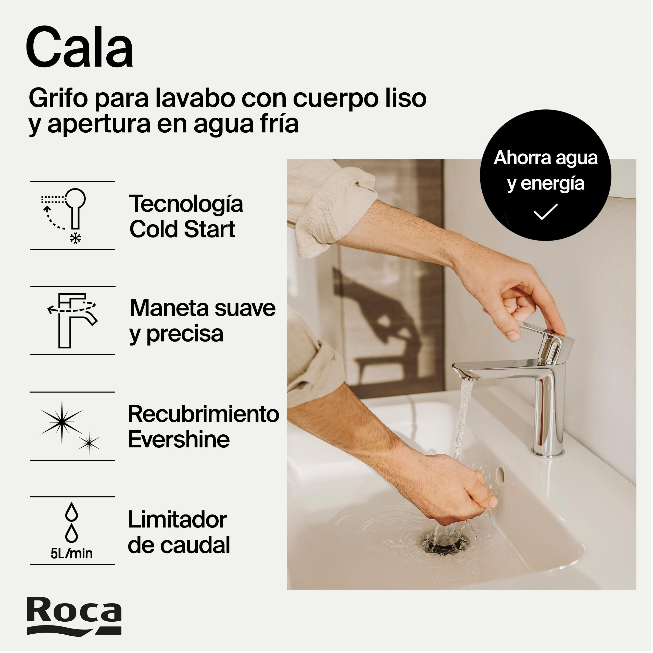 Roca Cala Grifería para lavabo con tecnología Cold Start, grifo monomando de repisa con enlaces de alimentación flexibles, mezclador para cuarto de baño de fácil instalación, cromado, A5A326EC00