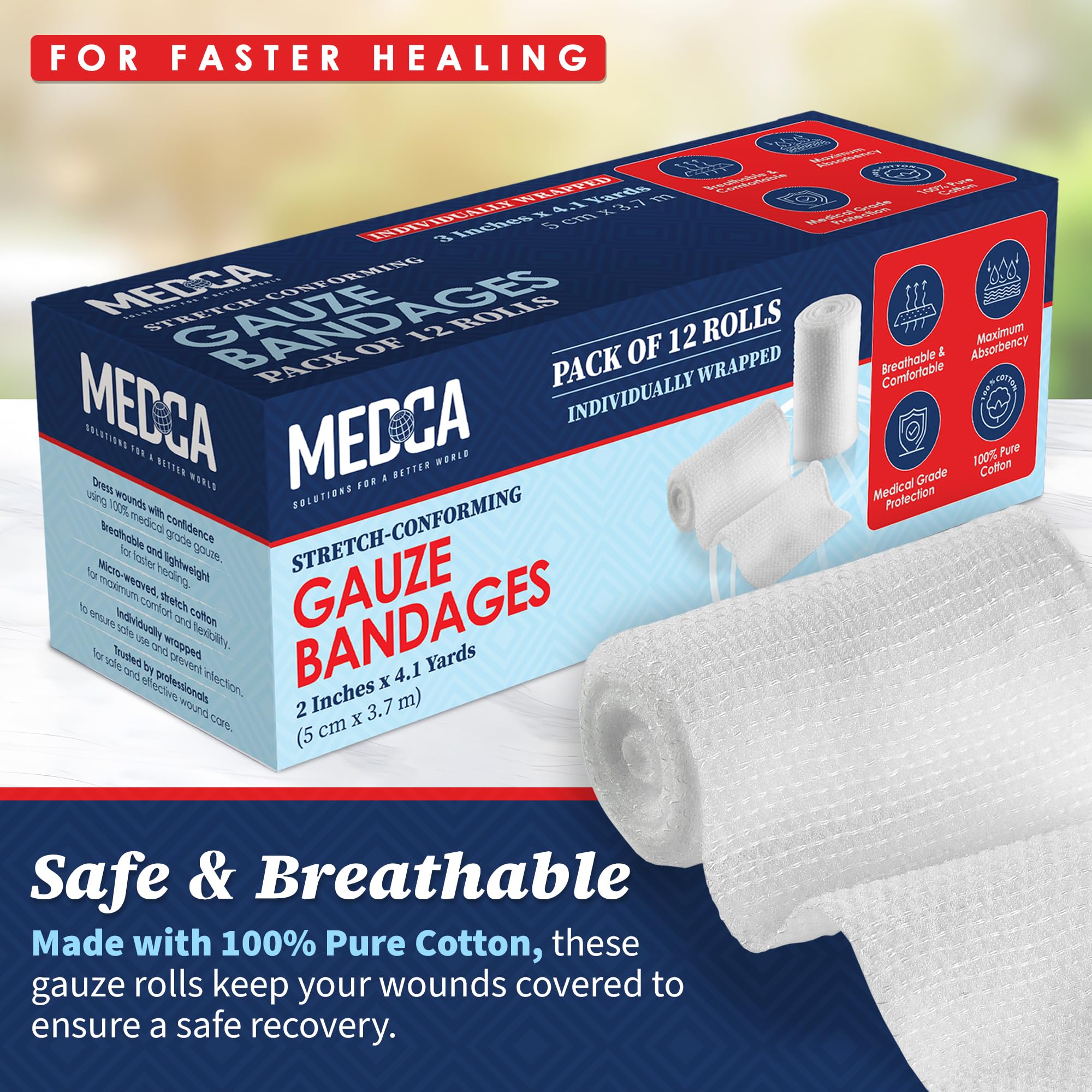 Gauze Bandage Rolls - (12 Pack) 2 in x 4.1 Yards Per Roll of Medical Grade Gauze Bandage and Stretch Bandage Wrapping for Dressing All Types of Wounds and First Aid Kit by MEDca, (2-Inch, 12 Pcs) — Amazon image 2