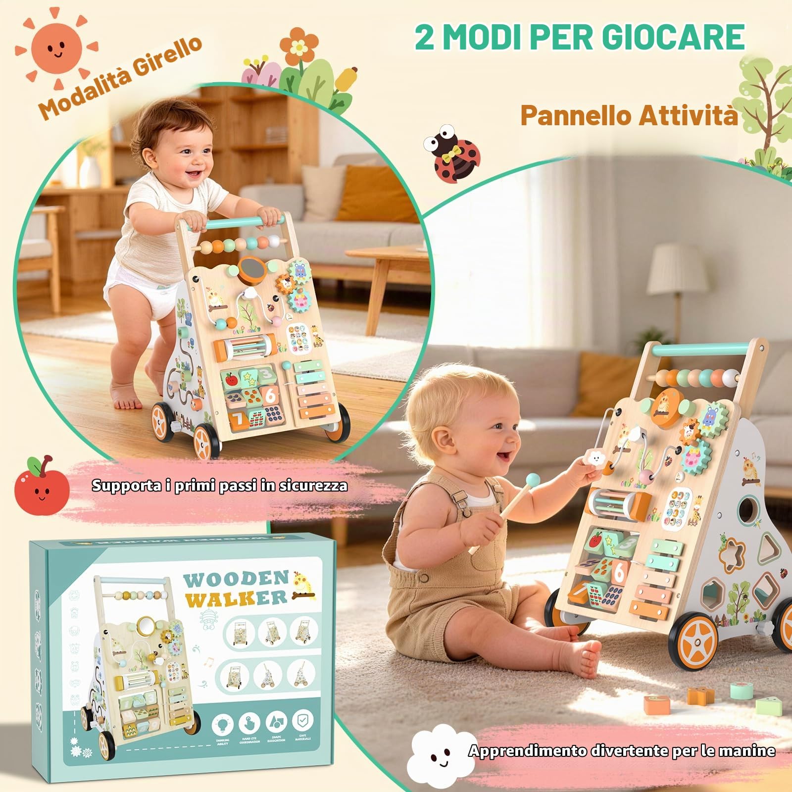 Carrellino Primi Passi Legno Montessori Girello Bambini 12 Mesi+ | Due altezze (500/547 mm) e Velocità Regolabile: Cresce con il Bambino e Mantiene un'andatura Sicura e Sempre Sotto Controllo