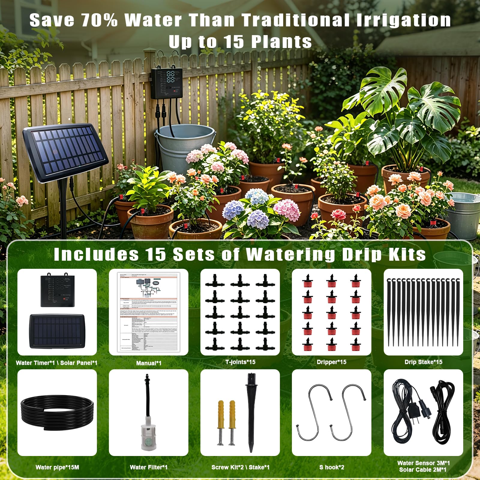 Sistema di irrigazione a goccia automatico solare, 12 impostazioni del timer, sistema di irrigazione da giardino, dispositivi di irrigazione automatica per piante, aiuole rialzate, serre, viaggi