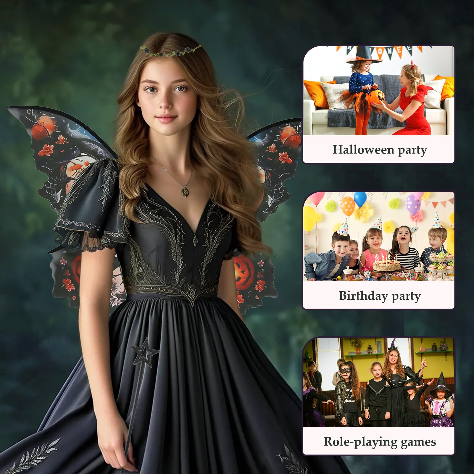 Snylcce Fairy Wings for Adults Fairy Costume Set including Floral Garland, Hair Tinsel, Wand & Elf Ears Butterfly Wings - Image 3