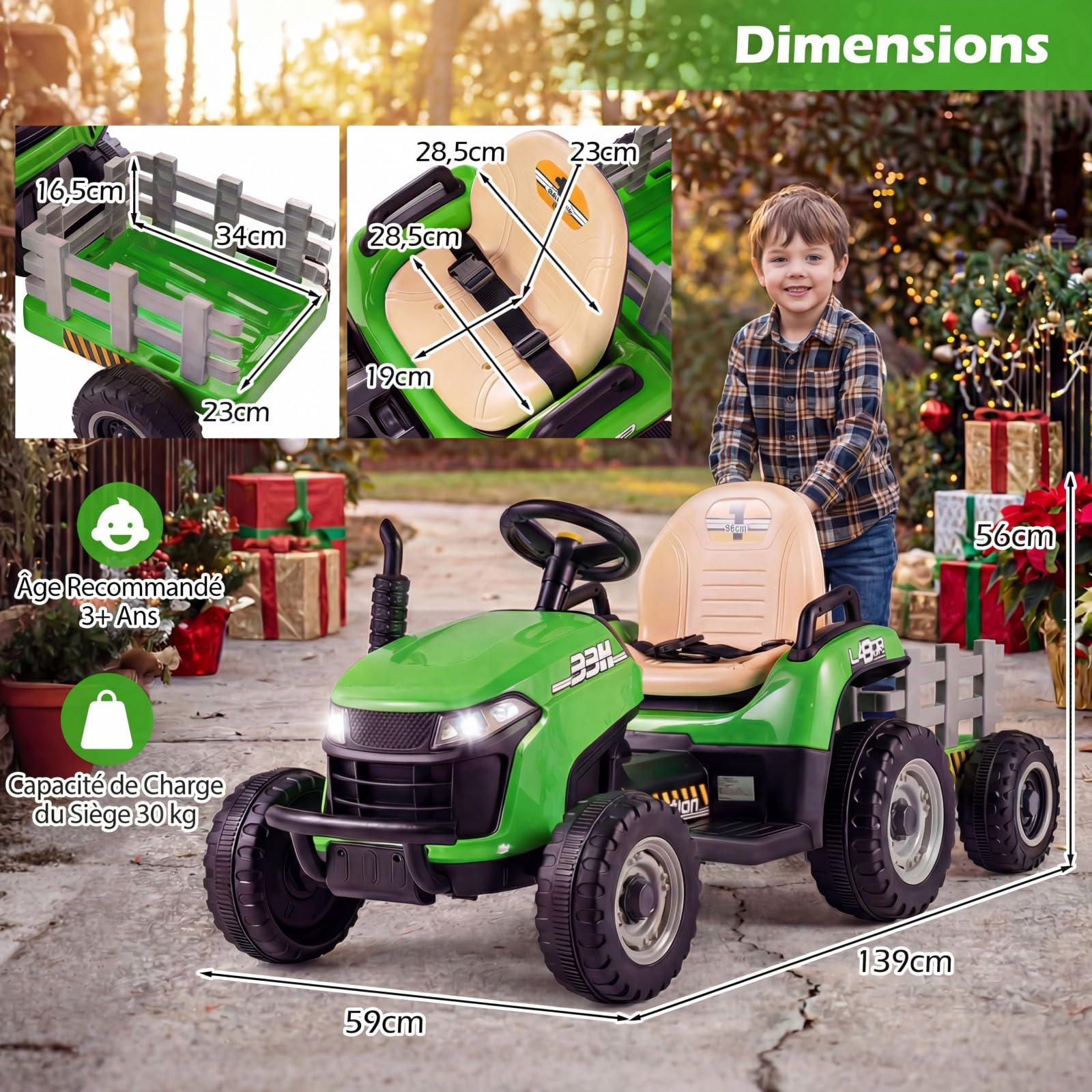 COSTWAY 24V Tracteur Électrique Enfant avec Remorque Amovible et Basculante, Voiture Électrique avec Télécommande 2,4G & Phares LED, Musique, 3,2-7 km/h, Démarrage Lent, Charge 30 kg, 3 Ans+ (Vert)