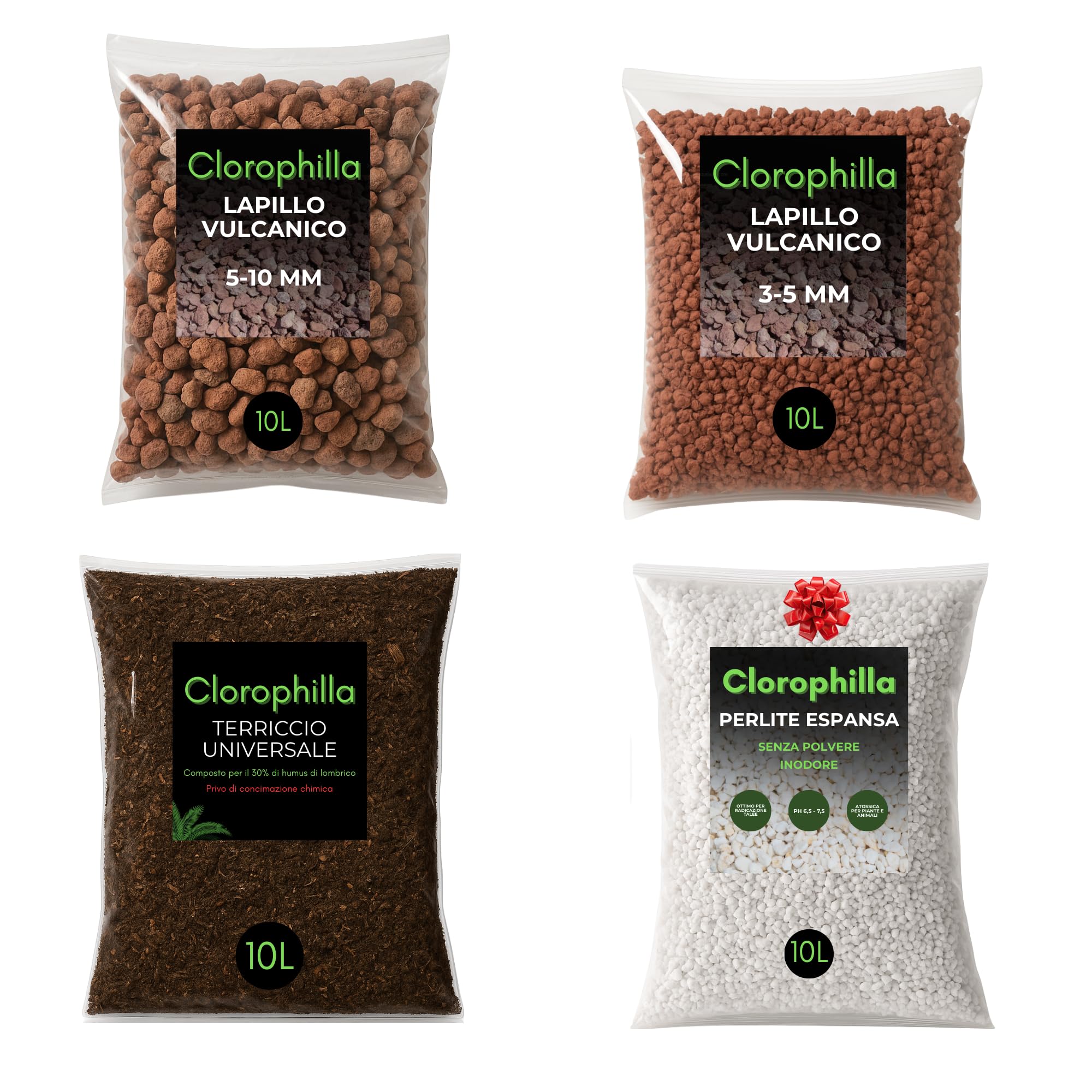 Kit Rinvaso Piante Clorophilla–Lapillo Vulcanico 5–10 mm 10L+Lapillo 3–5 mm 10L+Terriccio Universale con Humus 10L+Perlite 10L Inclusa – Substrato Drenante per Piante da Interno e Tropicali (10L X4)
