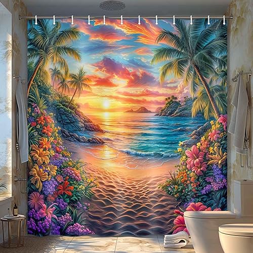 Miniatura 10 de JAWO Cortina de ducha con temática de playa con estrellas de mar, conchas tropicales, conchas de mar, escena costera hawaiana, vista al mar, sin