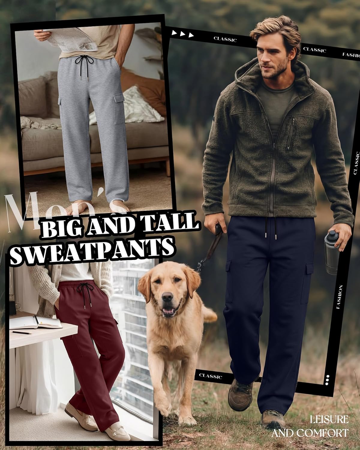 4 Pack Men's Big and Tall Lightweight Cargo Sweatpants Baggy Wide Leg Pants Open Bottom Joggers with Pockets