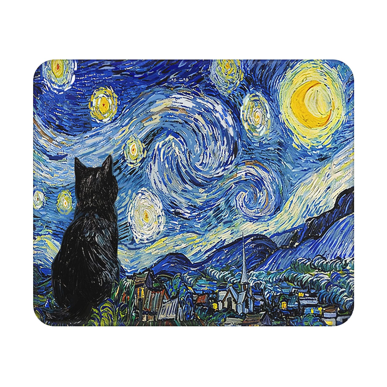 Starry Night Cat Mouse Pad 9.5x7.9 Inch with Anti-Slip Rubber Base for Home