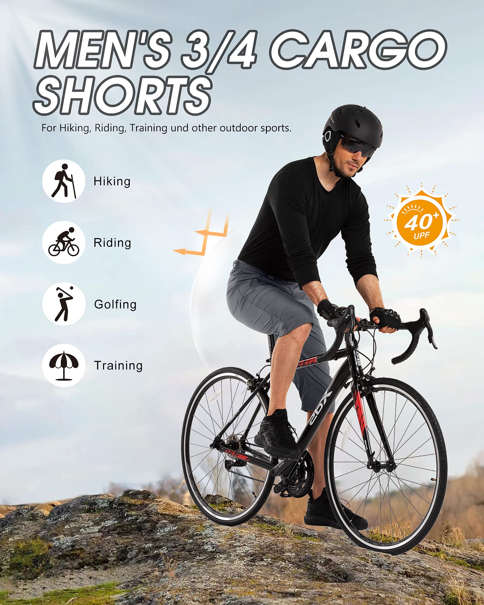 33,000ft Homme Shorts de Randonnée 3/4 Capri Pantalon Cargo Décontracté Pantacourt avec Poches Zippées