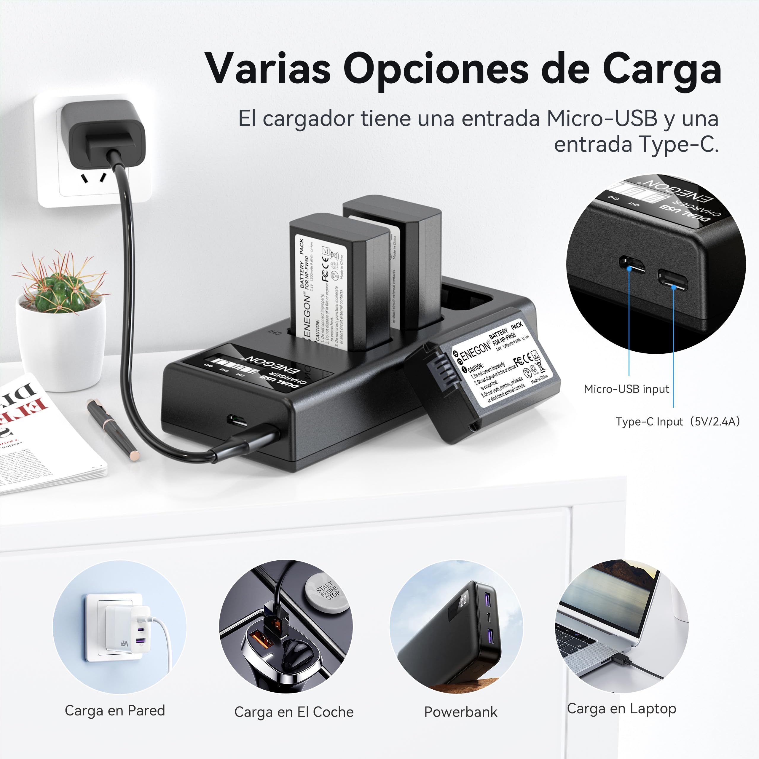 ENEGON NP-FW50 - Batería de 1300 mAh y cargador LCD de 3 bahías para Sony Alpha A6000 A6300 A6400 A6500 ZV-E10 7RM2 A7SM2 A7M2 A7 II A7R II A7S II A5000 A51000 0 A51 00 3000 g. RX10 II III IV NEX-3/5