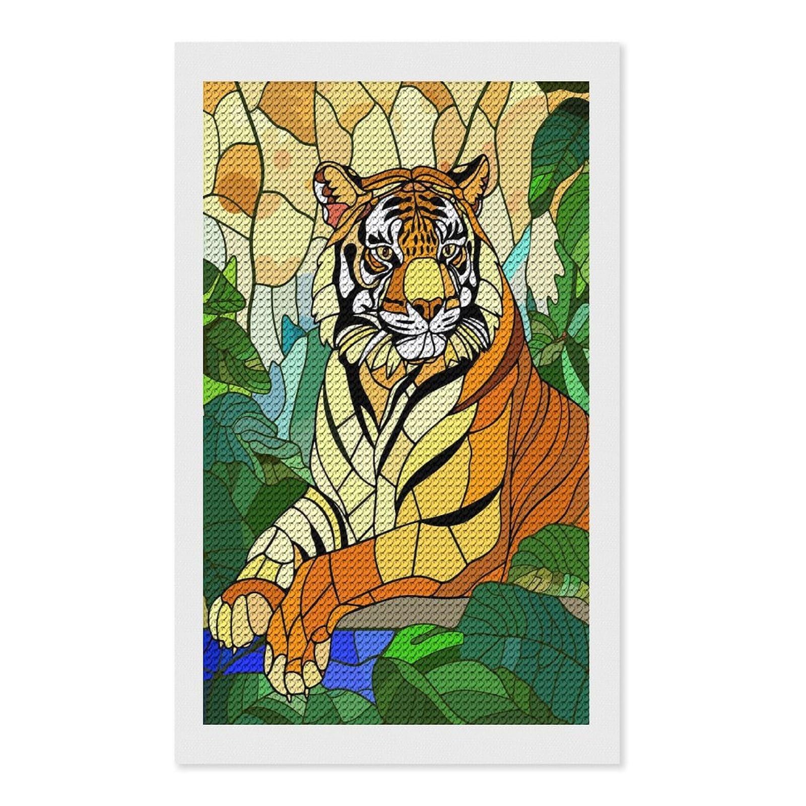 Junmoney Stained Glass Tiger in Jungle Full Drill Diamond Painting Kit 12"x20", Mindful Craft Activity, Bedroom Decor, for Adults, Gift Idea