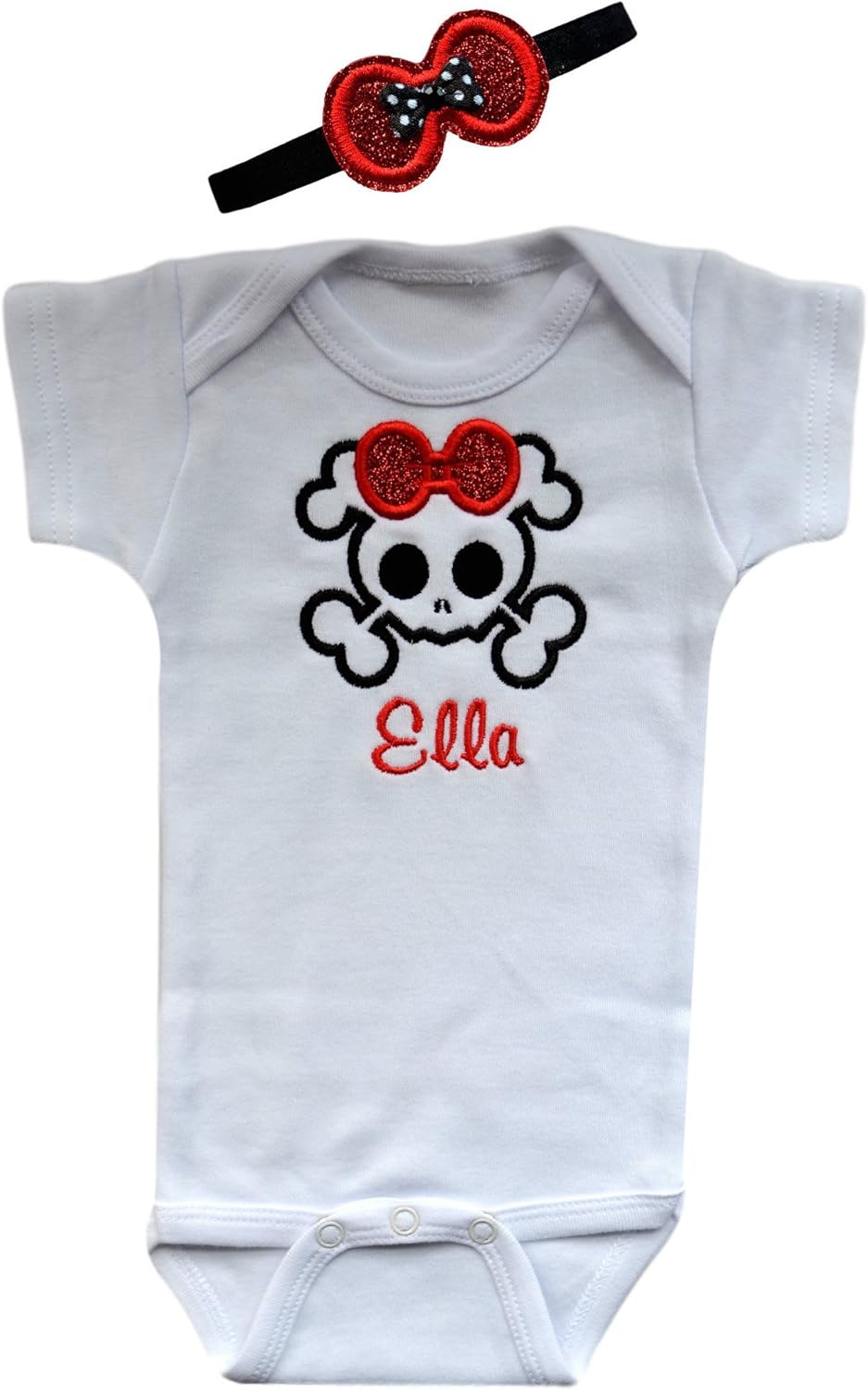 Baby Girl Embroidered GLITTER SKULL Bodysuit and MATCHING Bow HEADBAND - Your Custom Name