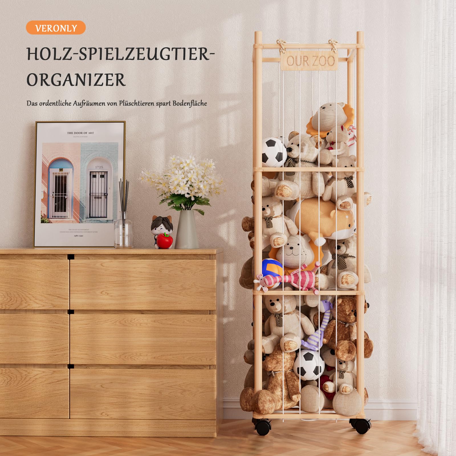 Estantería de almacenamiento para animales de peluche, gran estantería de madera para guardar juguetes de peluche, para ahorrar espacio en la habitación de los niños, sala de juegos y