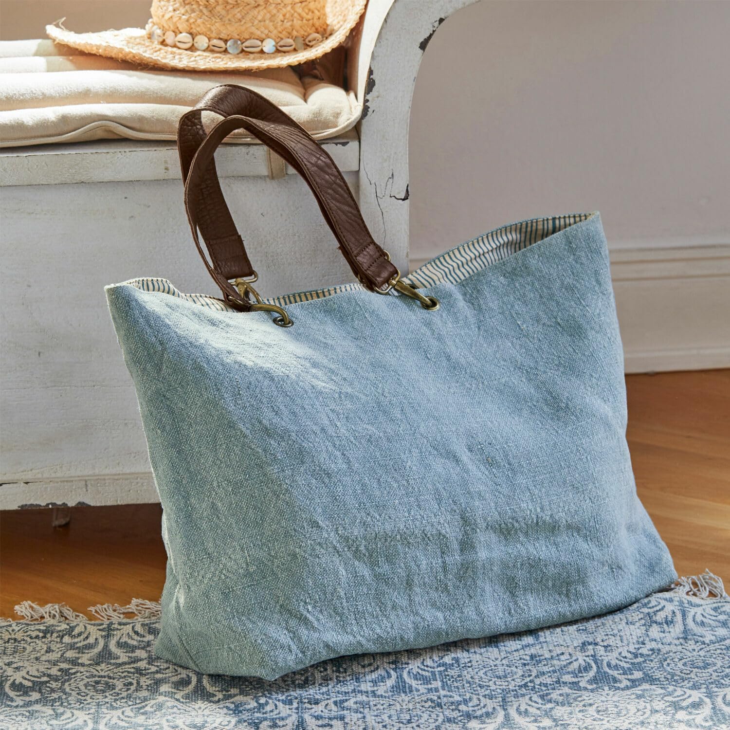 Loberon Tasche Bente - Dezent & Stilvoll - Naturnaher Chic - viel Stauraum - mit Innentasche - Shopper - Henkeltasche - Accessoire - Jute - Büffelleder, blau/braun | Dezent & Stilvoll - Naturnaher Chic - viel Stauraum - mit Innentasche - Shopper - Henkelt